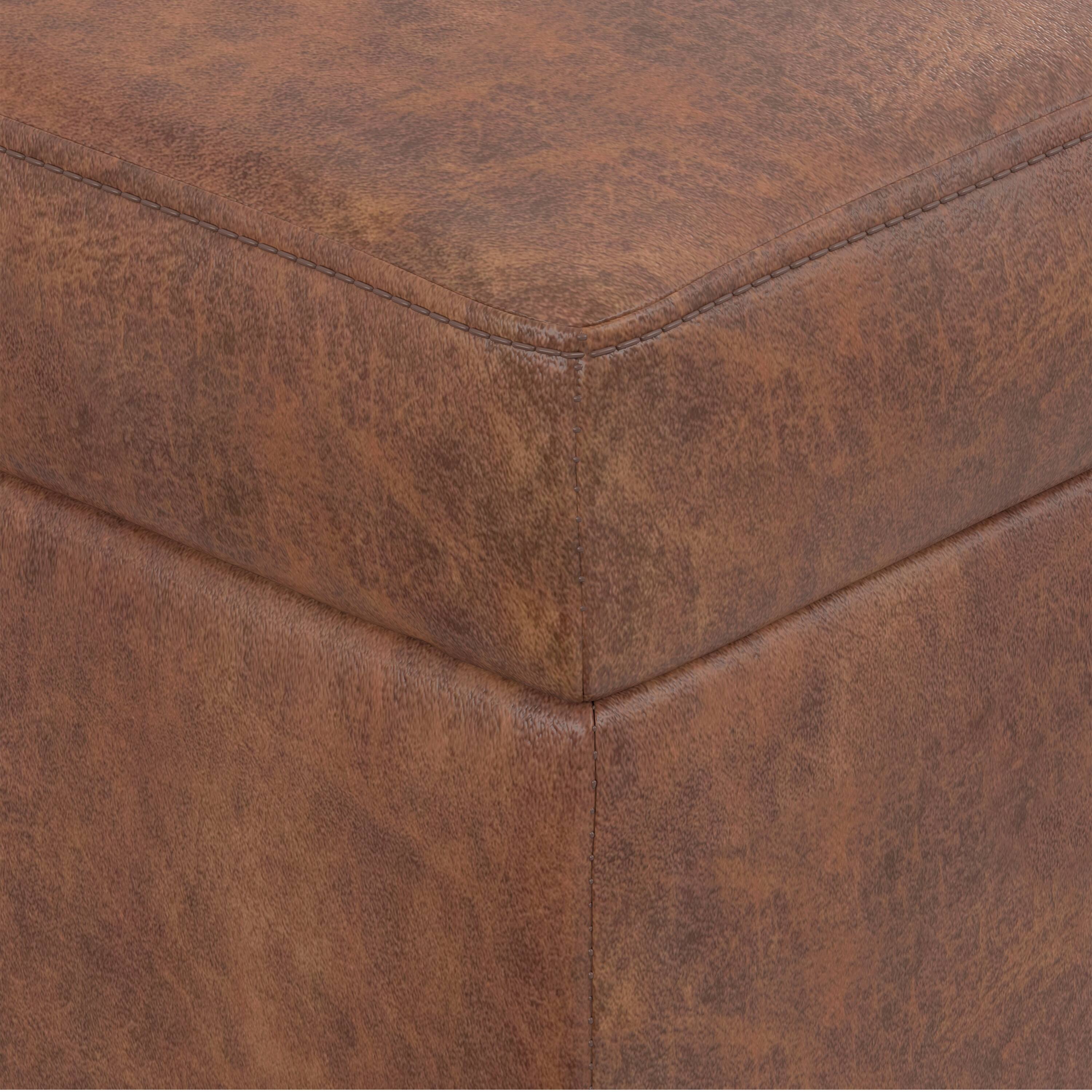 Alt View 4. Simpli Home - Shiloh 26 inch Transitional Contemporary Small Storage Ottoman in Distressed Saddle Brown Vegan Faux Leather, Assembled - Distressed Saddle Brown.