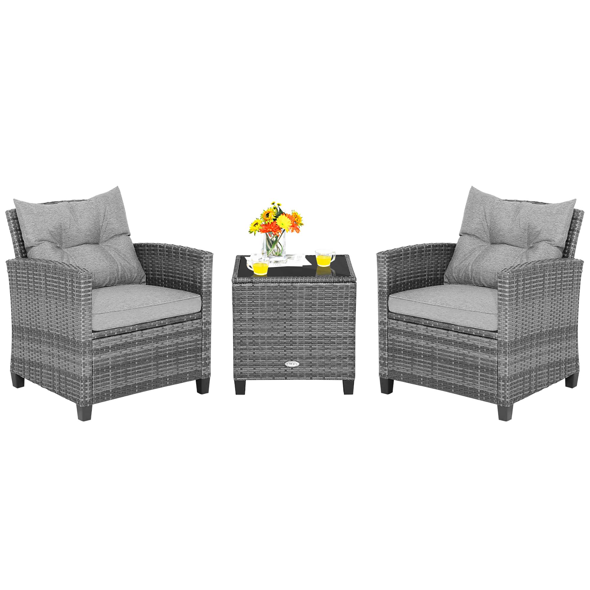 Front. Costway - 3PCS Patio Rattan Furniture Bistro Set Cushioned Sofas Side Table Armrest - Grey Rattan & Grey Cushion.