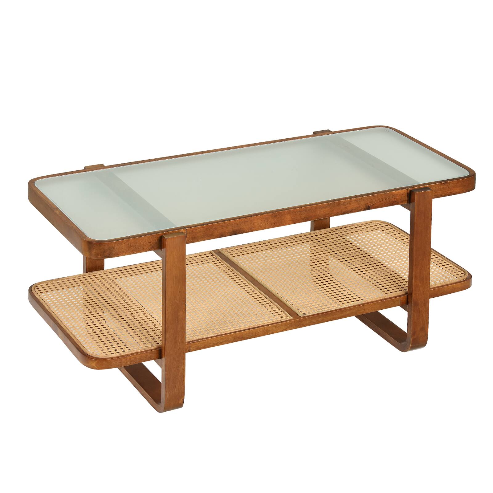 Alt View 9. Gymax - Gymax Rattan Coffee Table 2-Tier Rectangular Center Table w/Frosted Tempered Glass Top - Brown.