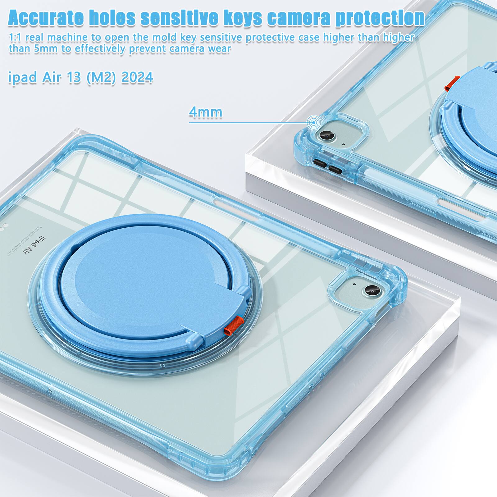 Accurate holes sensitive keys camera protection  
1:1 real machine to open the mold key sensitive protective case higher than higher than 5mm to effectively prevent camera wear  
iPad Air 13 (M2) 2024  
4mm