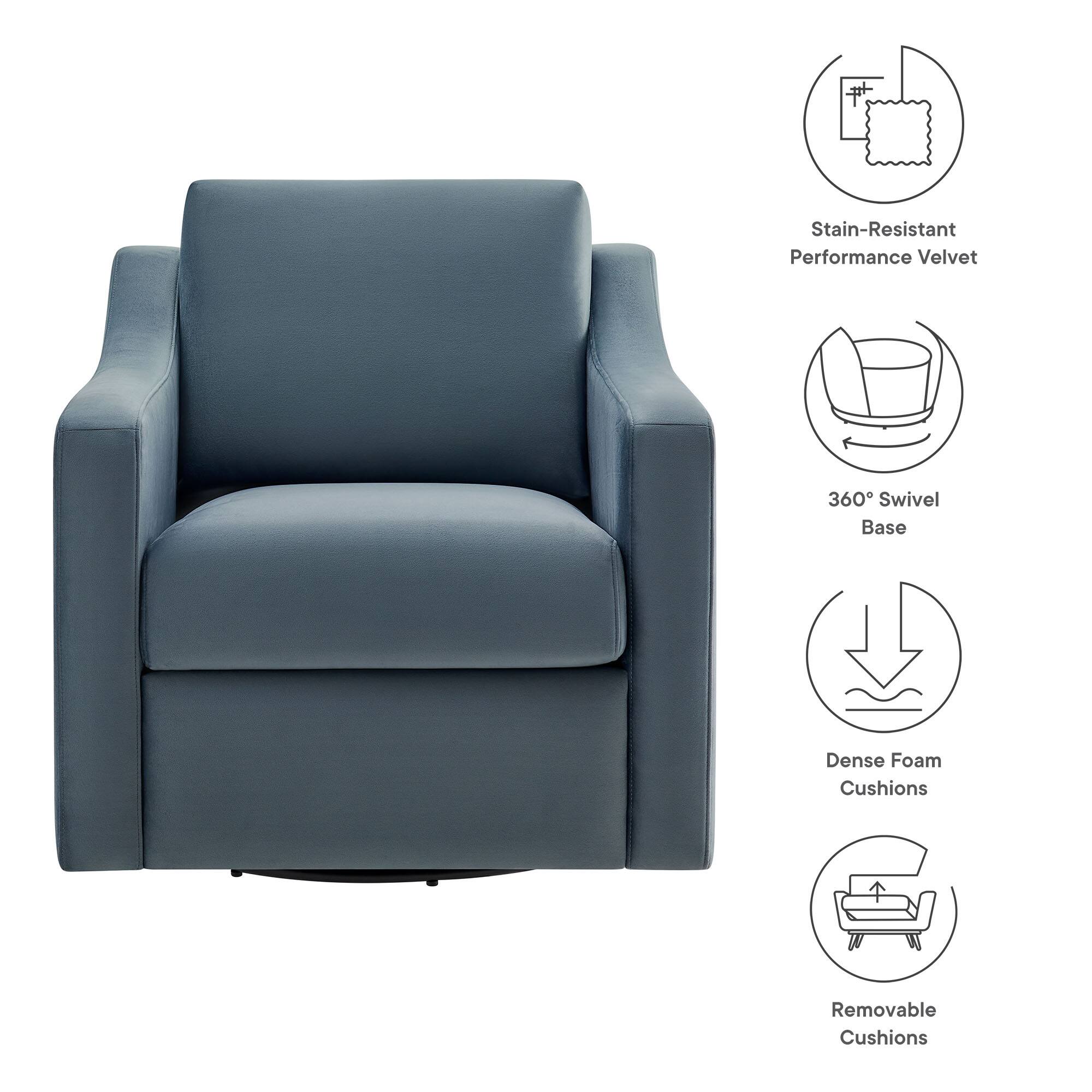 - Stain-Resistant Performance Velvet
- 360° Swivel Base
- Dense Foam Cushions
- Removable Cushions