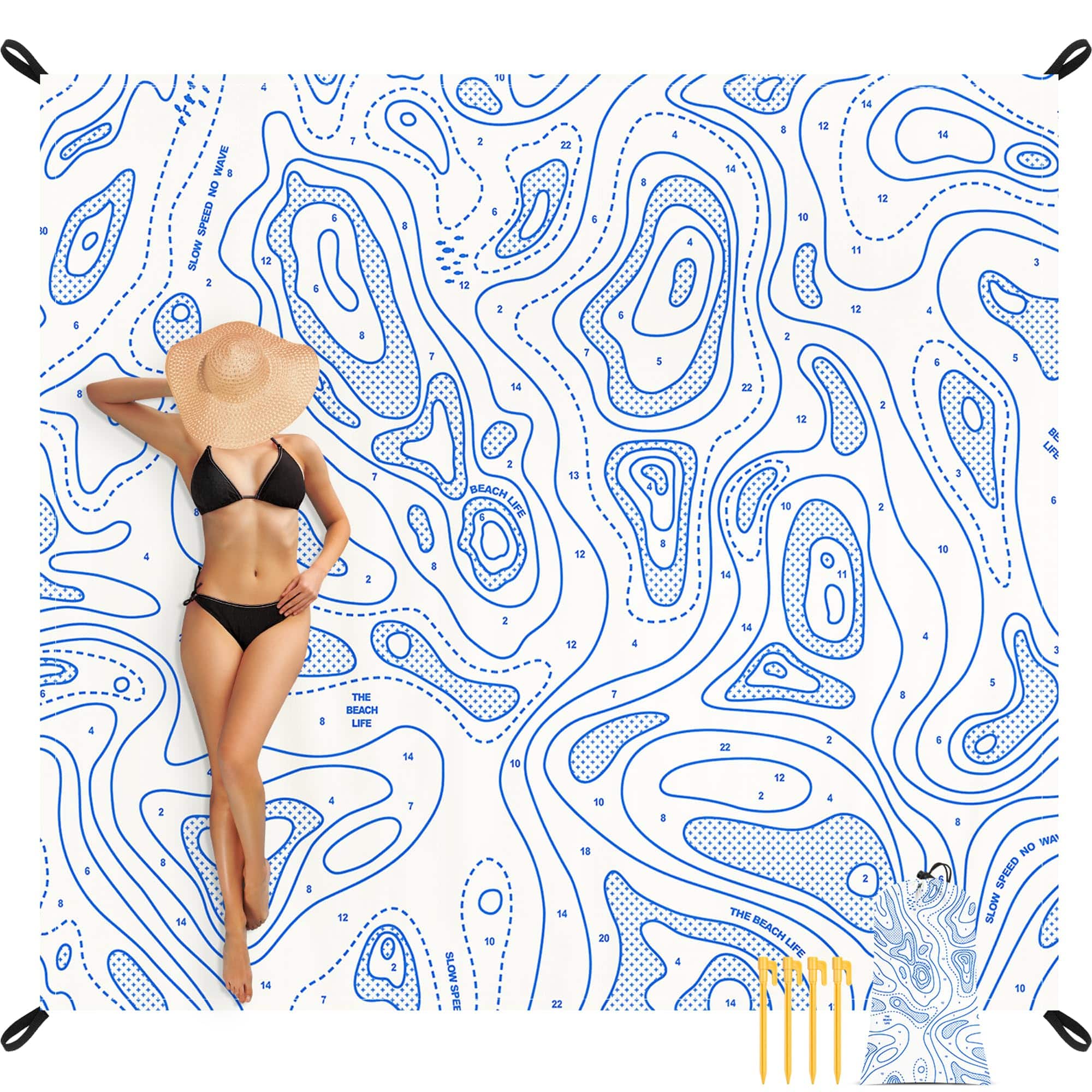 Reds Spade - *Extra Large Sandproof Beach Blanket 4-8 Adults Waterproof Foldable Picnic Blankets With 4 Stakes & Pockets - White Coastline-9x10 FT (1～8 person)