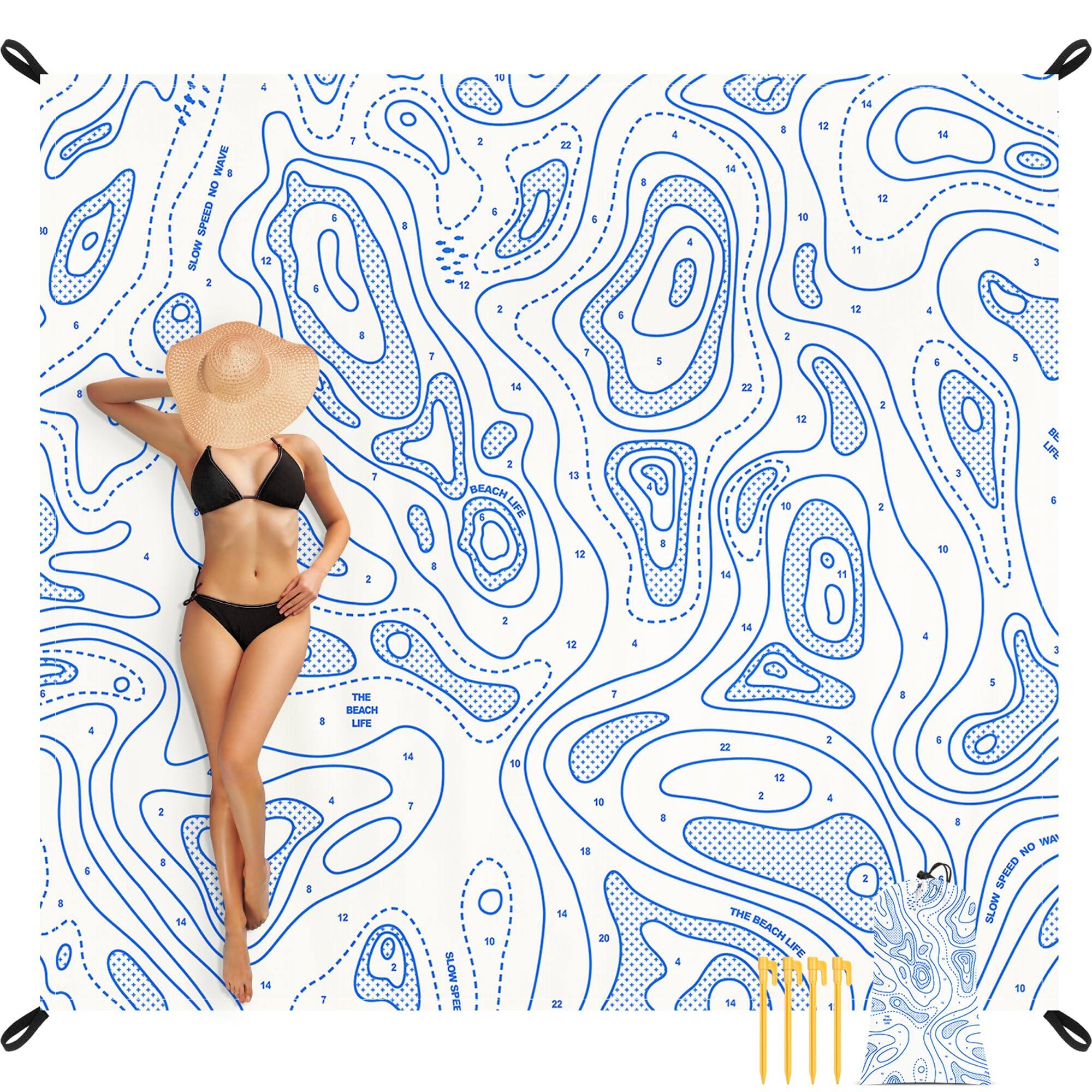 Reds Spade - *Extra Large Sandproof Beach Blanket 4-8 Adults Waterproof Foldable Picnic Blankets With 4 Stakes & Pockets - White Coastline-9x10 FT (1~8 person)