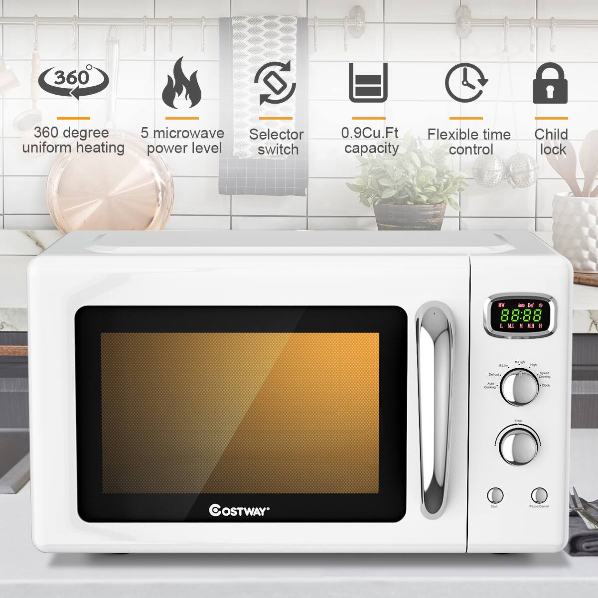 - 360 degree uniform heating
- 5 microwave power level
- Selector switch
- 0.9Cu.Ft capacity
- Flexible time control
- Child lock
- COSTWAY