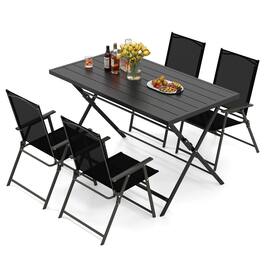 Costway - 5 PCS Foldable Outdoor Dining Set,Large Rectangular Metal Table 4 Mesh Armchairs - Black