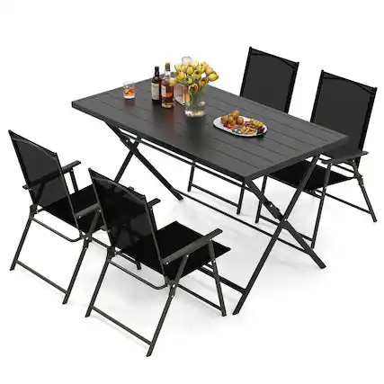 Front. Costway - Costway 5 PCS Foldable Outdoor Dining Set,Large Rectangular Metal Table 4 Mesh Armchairs - Black.