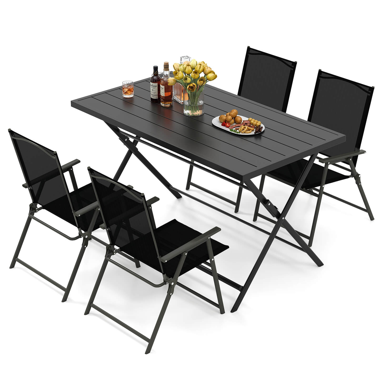 Front. Costway - Costway 5 PCS Foldable Outdoor Dining Set,Large Rectangular Metal Table 4 Mesh Armchairs - Black.