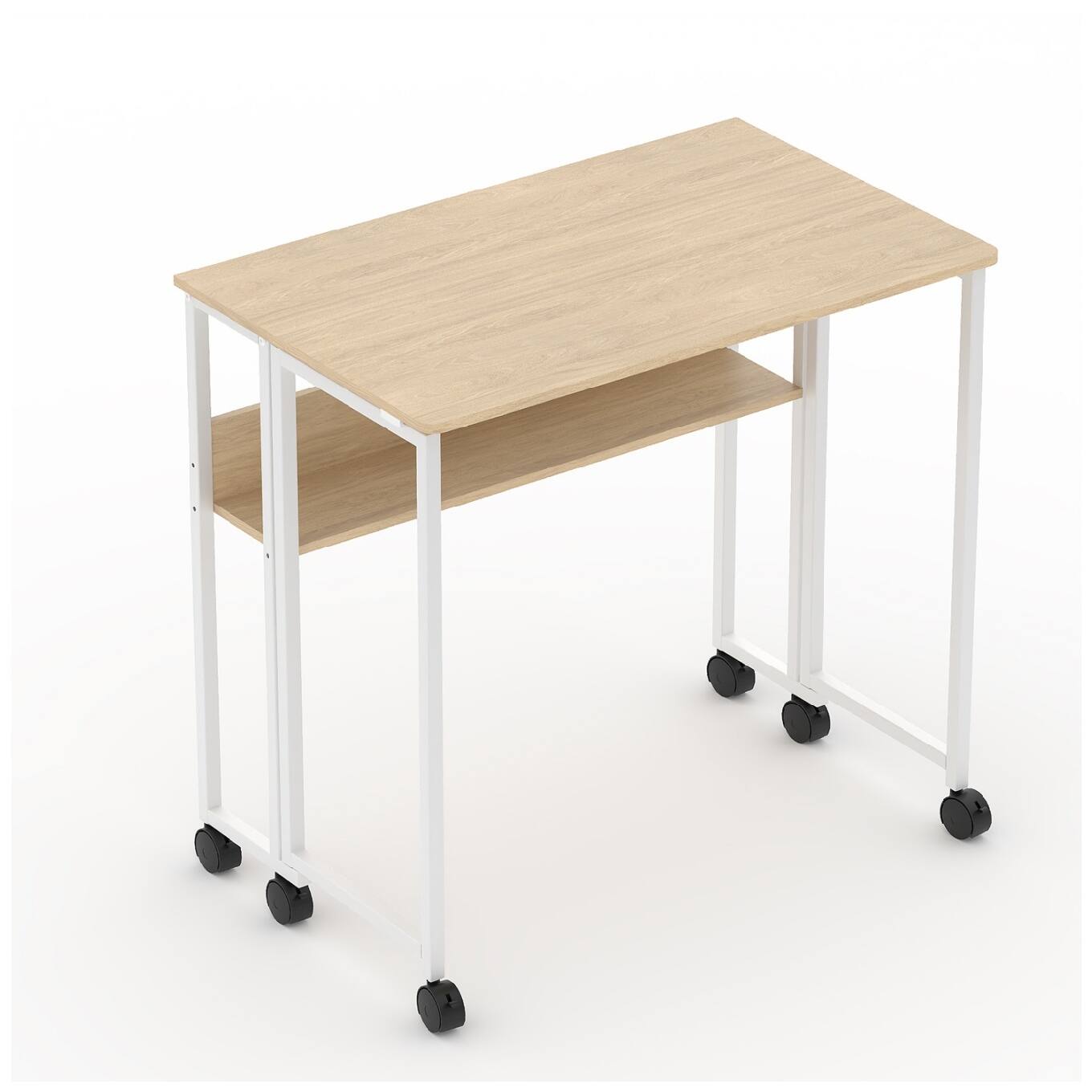 Angle. GARVEE - Space-Saving Folding Desk with Storage Shelf and Wheels - 31.5" Mobile Computer Table - Oak.