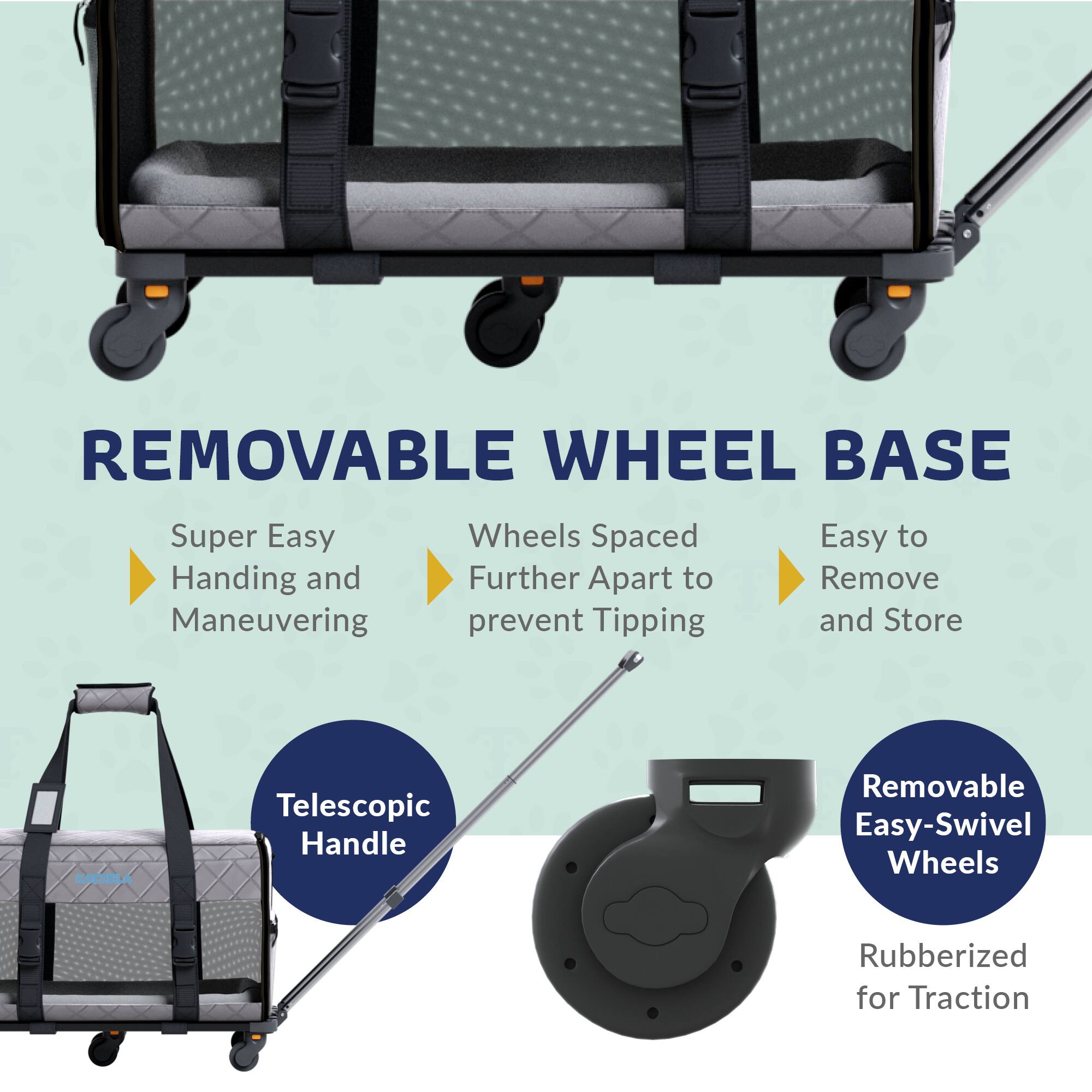 REMOVABLE WHEEL BASE

- Super Easy Handling and Maneuvering
- Wheels Spaced Further Apart to prevent Tipping
- Easy to Remove and Store

Telescopic Handle

Removable Easy-Swivel Wheels

Rubberized for Traction