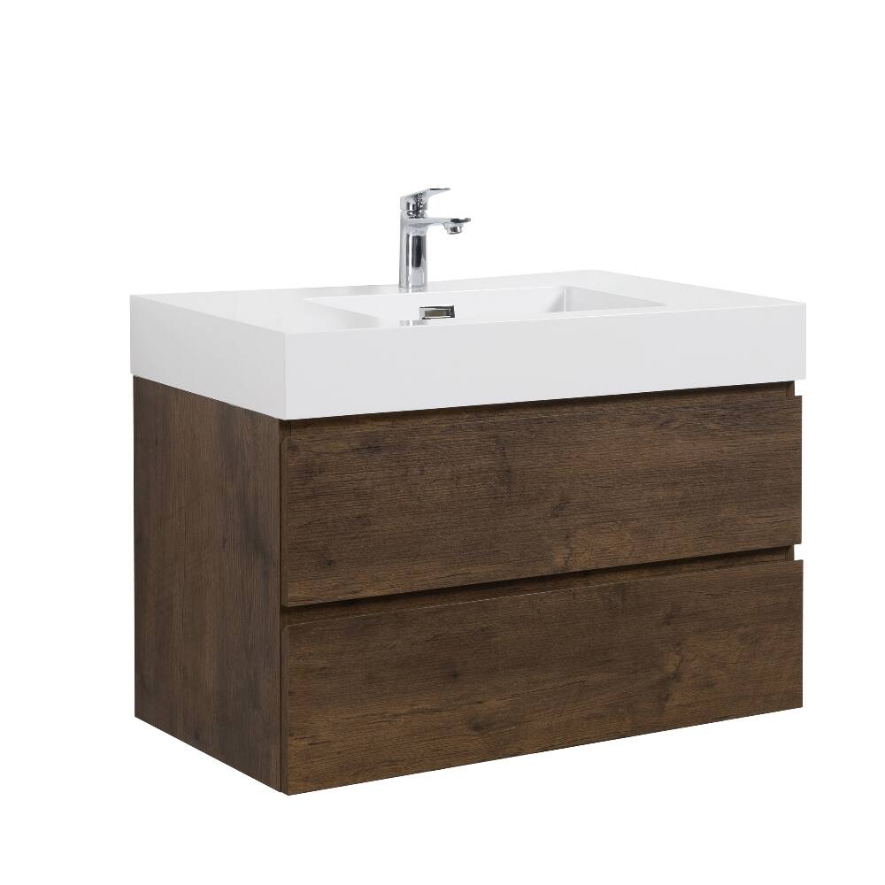 Alt View 3. Loheer - Loheer 36 inch walnut bathroom vanity wall mounted floating vanity with white sink basin pre-assembled - White+Walnut.