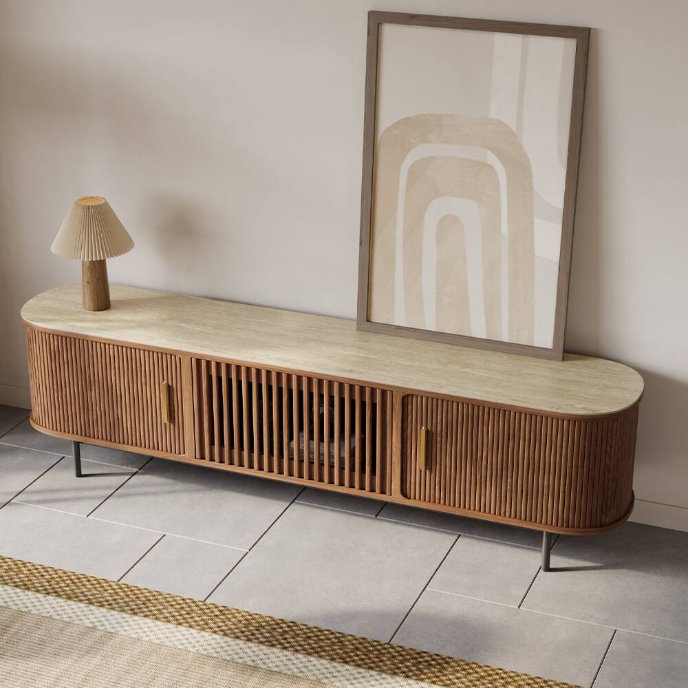 Angle. POVISON - 79"Mid-Century Modern Sintered Stone Tabletop TV Stand - Walnut with Sintered Stone.