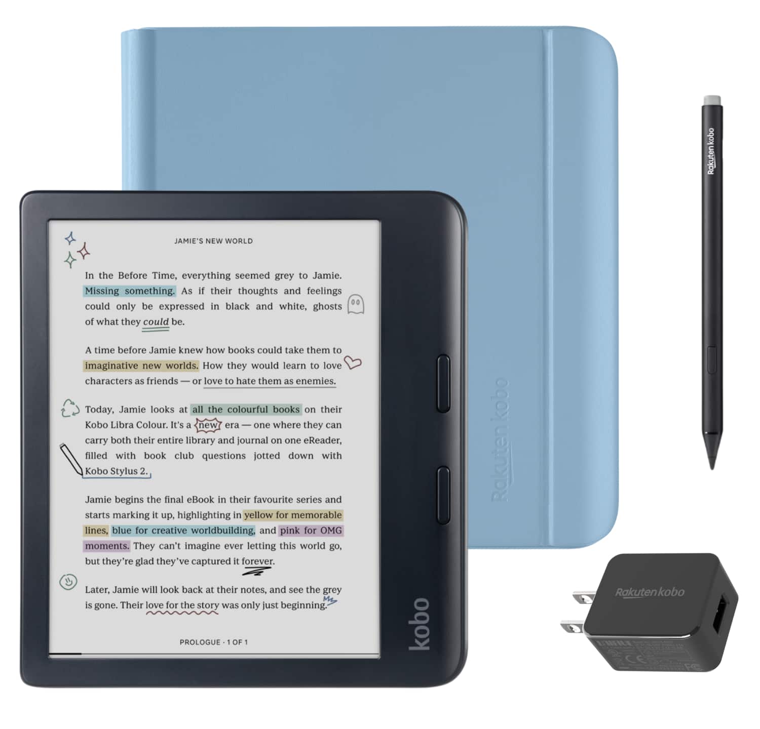 Kobo - Libra Colour (Black) eReader with Black Stylus 2Gen & AC Bundle - 2024 - Dusk Blue Notebook SleepCover