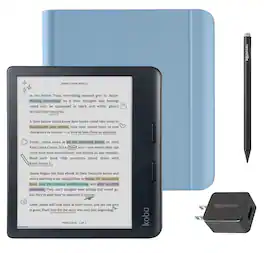 Kobo - Libra Colour (Black) eReader with Black Stylus 2Gen & AC Bundle - 2024 - Dusk Blue Notebook SleepCover