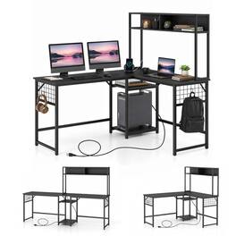 WELLFOR - 59" L Shaped Desk with Power Outlet &Hutch, Reversible Computer Desk with Hooks & Open Shelf for Home Office Gaming - Black