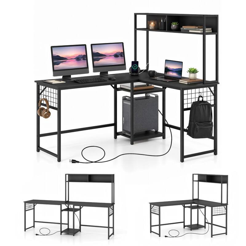 Front. WELLFOR - 59" L Shaped Desk with Power Outlet &Hutch, Reversible Computer Desk with Hooks & Open Shelf for Home Office Gaming - Black.