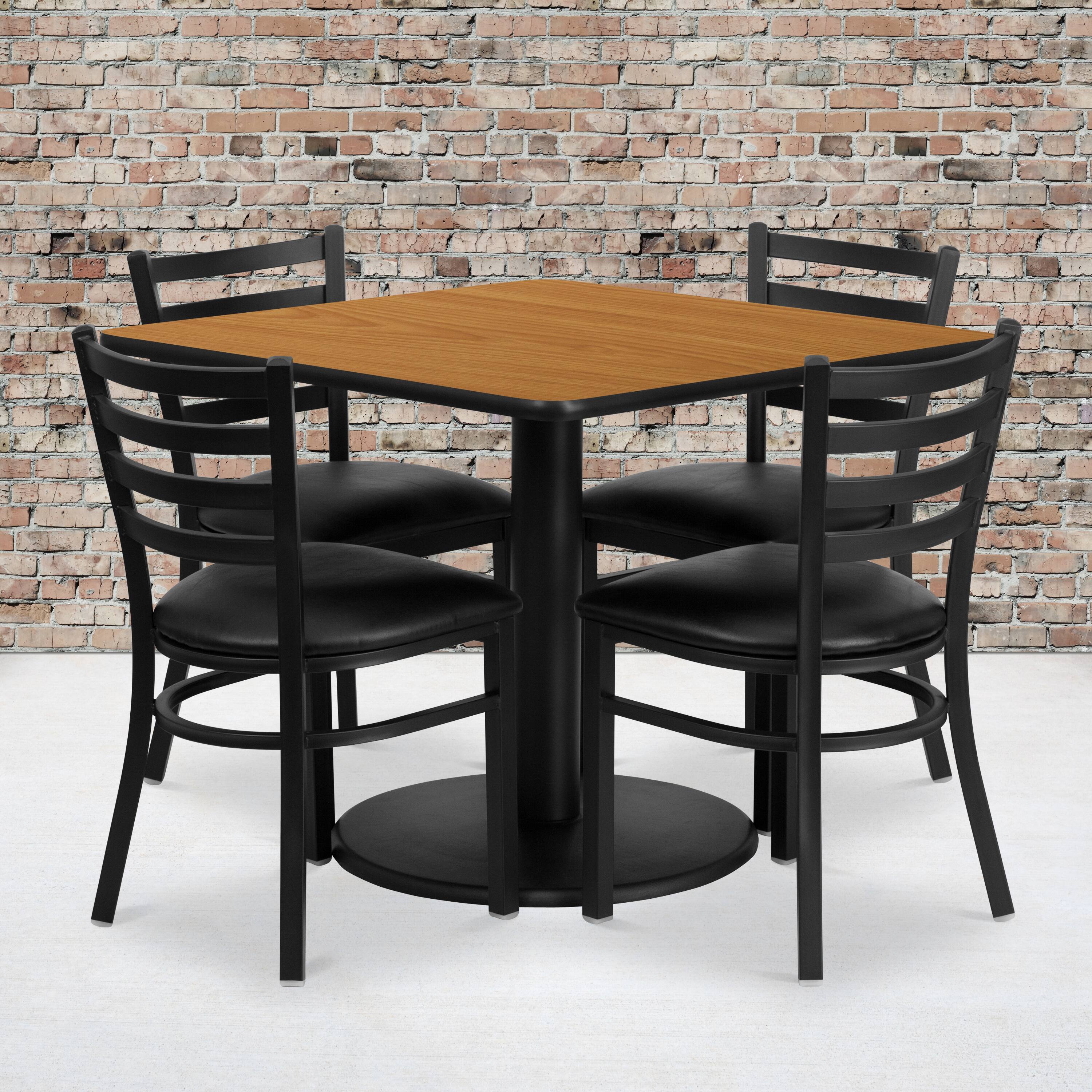 Alt View 1. Emma + Oliver - 36" Square Laminate Round Base Table Set with 4 Ladder Back Chairs - Natural Top/Black Vinyl Seat.