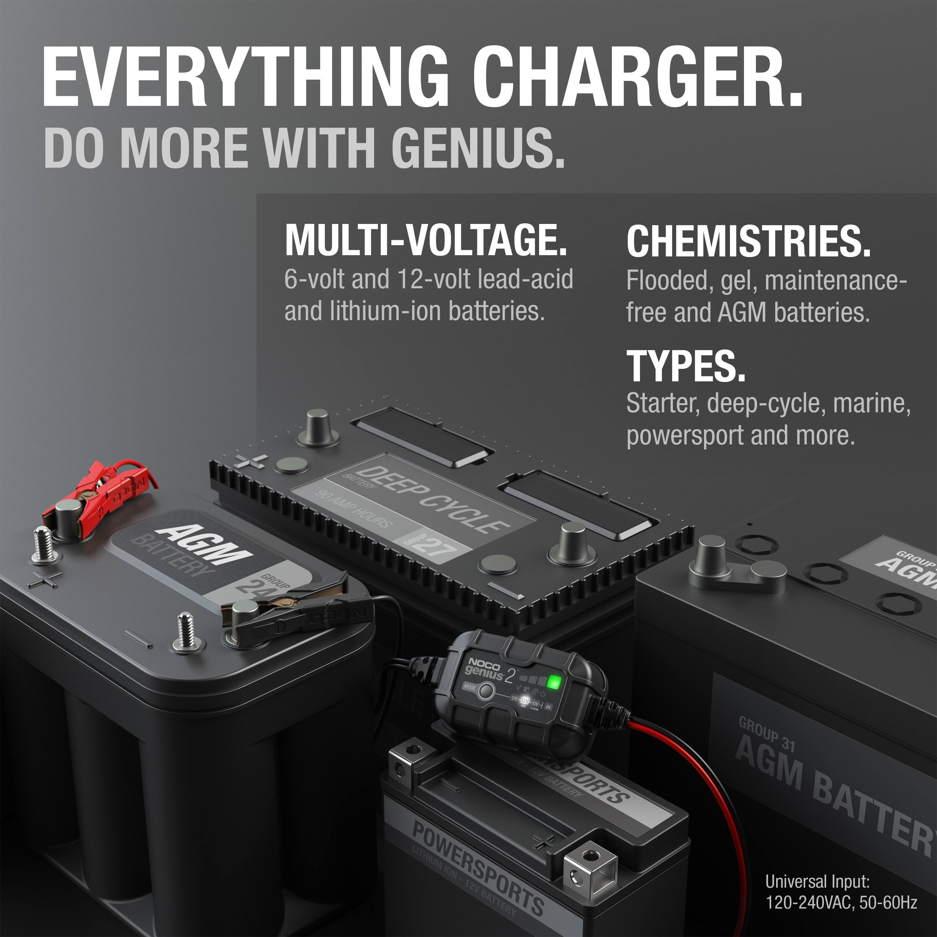 **EVERYTHING CHARGER.**  
**DO MORE WITH GENIUS.**

**MULTI-VOLTAGE.**  
6-volt and 12-volt lead-acid and lithium-ion batteries.

**CHEMISTRIES.**  
Flooded, gel, maintenance-free and AGM batteries.

**TYPES.**  
Starter, deep-cycle, marine, powersport and more.

**Universal Input:**  
120-240VAC, 50-60Hz