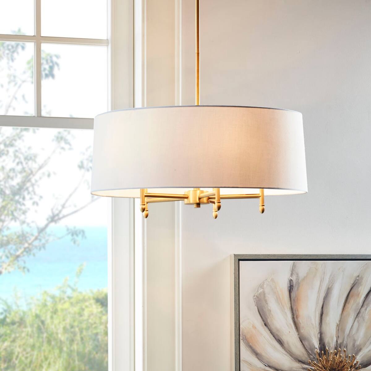 Alt View 3. Loheer - Loheer 5 Light Chandelier with White Drum Shade, Adjustable Plated Brass Fixture.