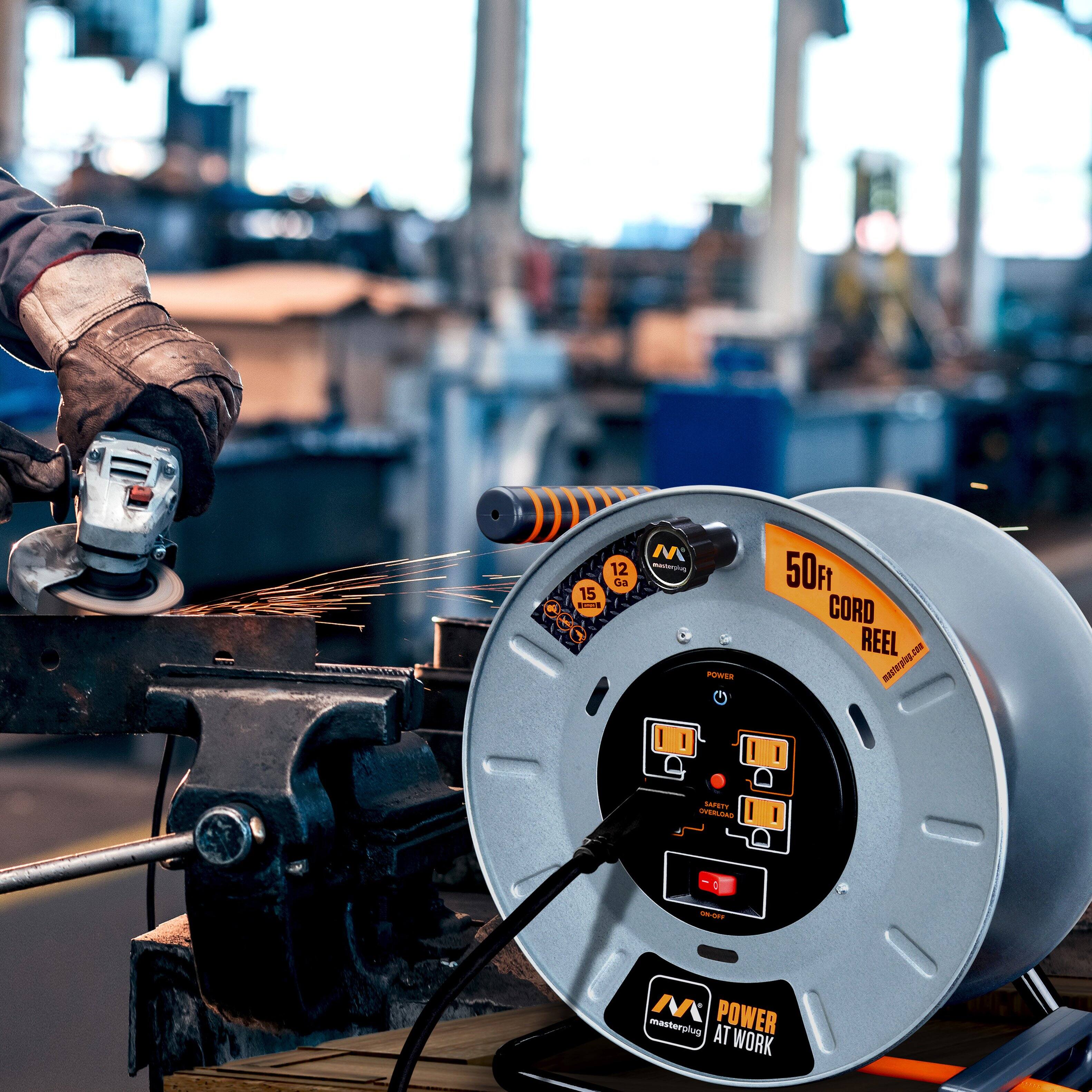 Alt View 14. Masterplug - 50Ft 4 Sockets 15A 12AWG Medium Open Metal Reel - Metal & Orange.