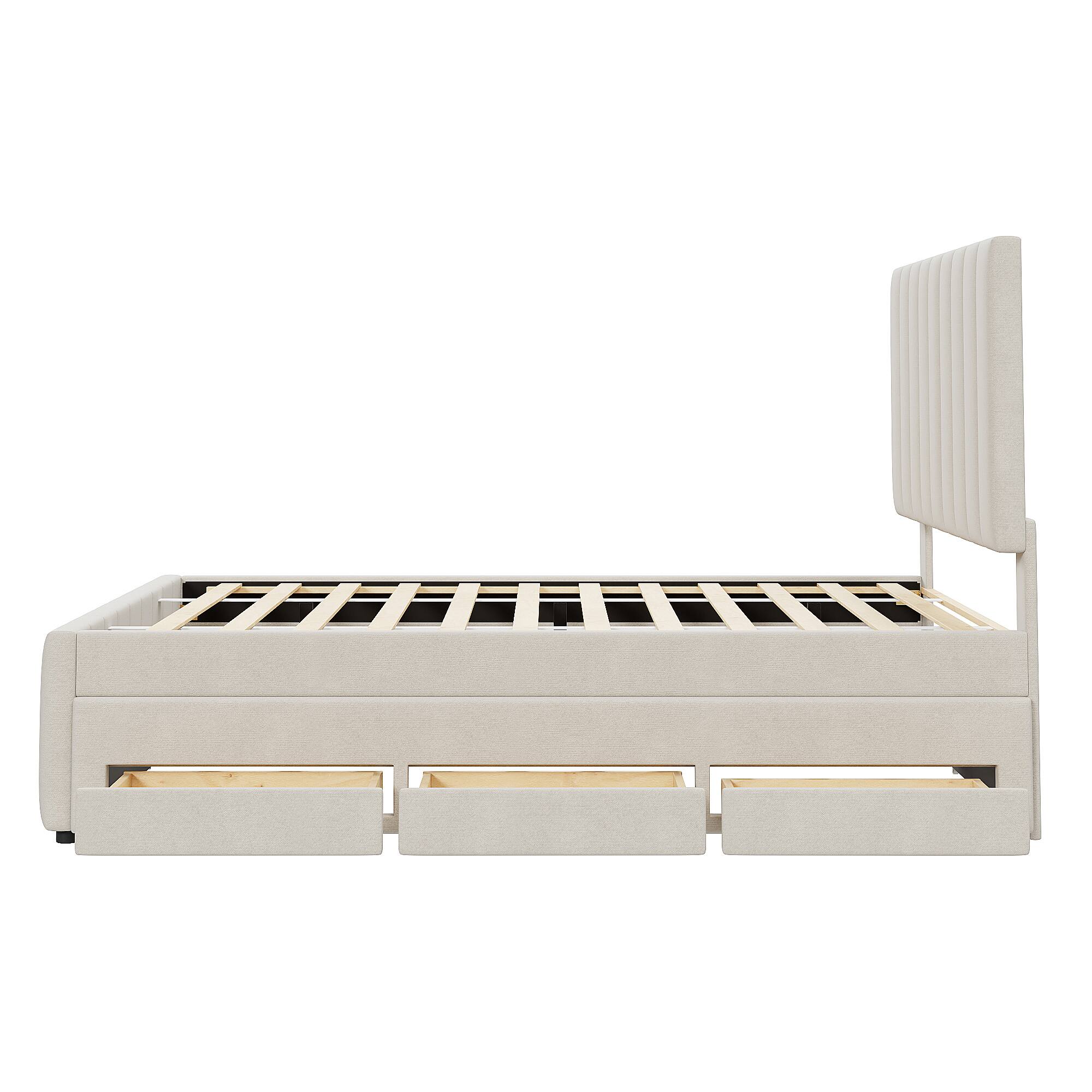 Alt View 5. Tiramisubest - Full Size Upholstered Platform Bed with Twin Size Trundle and 3 Drawers, Linen Fabric, Beige - Beige.