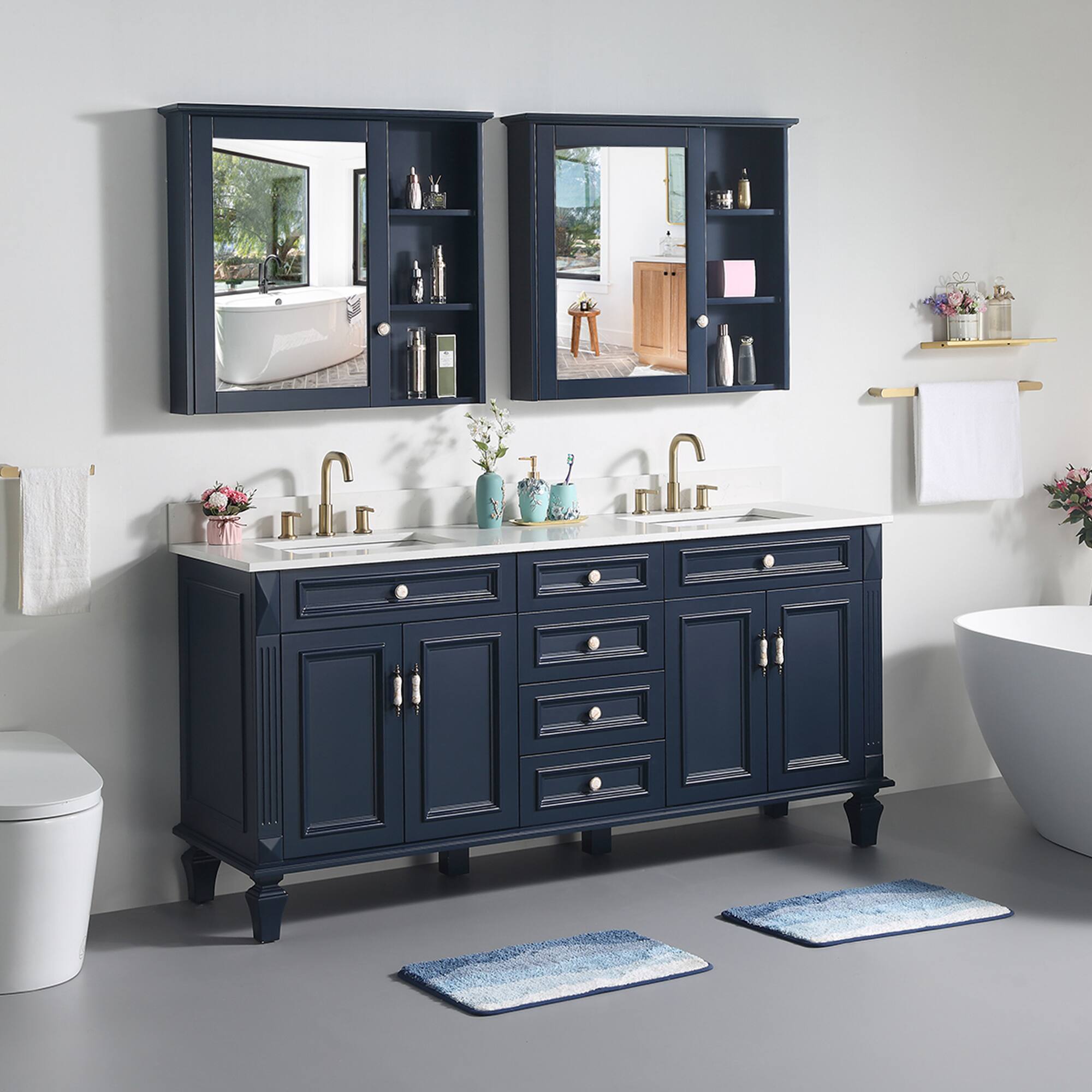 Angle. WELLFOR - ARTWOOD 72 in. Solid Wood Bath Vanity with Quartz Top, Double Sink, Soft Close, Assembled - Navy Blue.