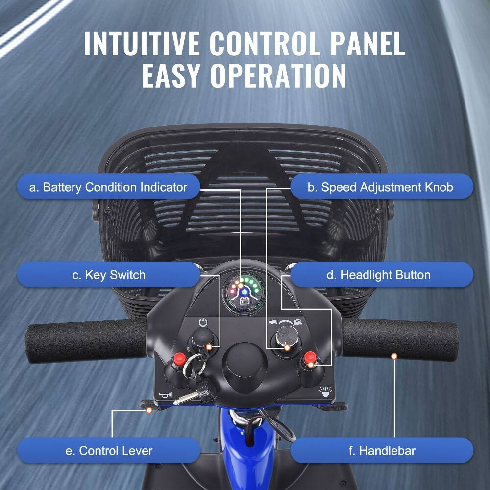 INTUITIVE CONTROL PANEL EASY OPERATION

a. Battery Condition Indicator  
b. Speed Adjustment Knob  
c. Key Switch  
d. Headlight Button  
e. Control Lever  
f. Handlebar