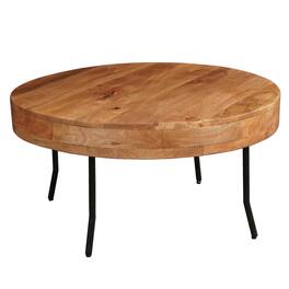 Manhattan Lane - 32 Inch Coffee Table, Handcrafted Mango Wood Round Top, Black Metal Angled Legs - Brown, Black