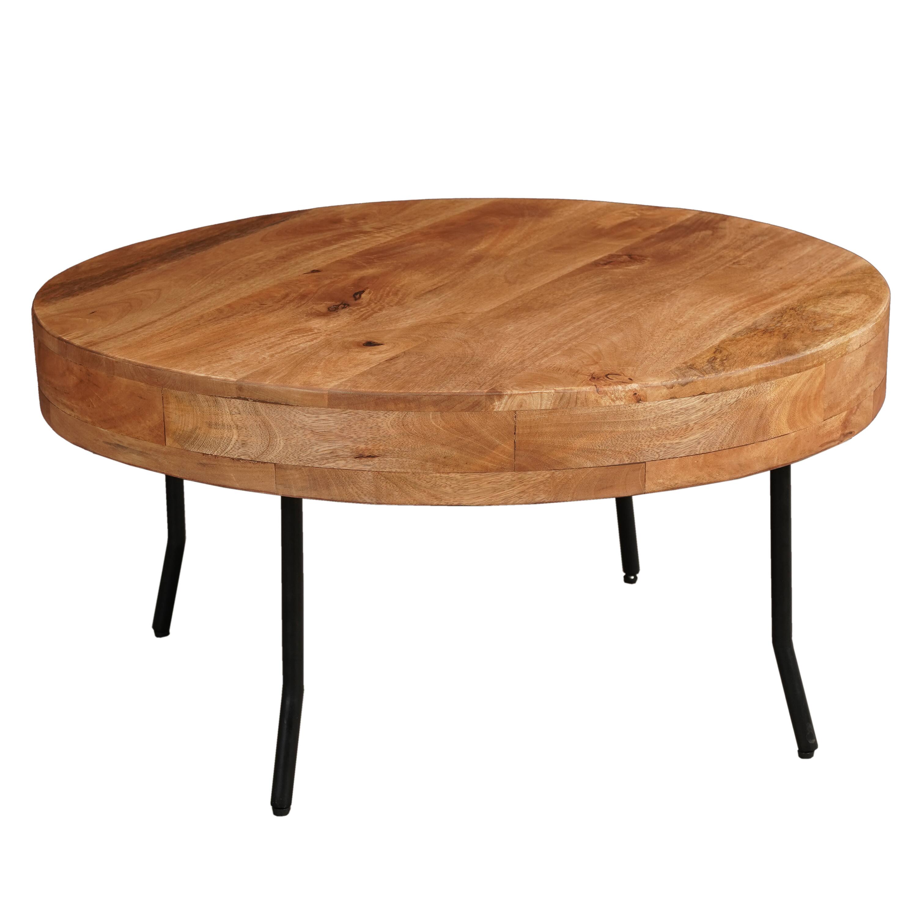 Front. Manhattan Lane - 32 Inch Coffee Table, Handcrafted Mango Wood Round Top, Black Metal Angled Legs - Brown, Black.