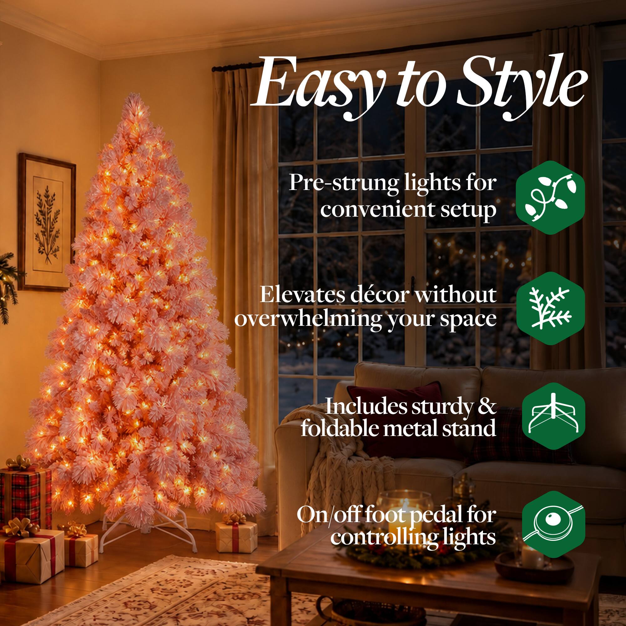 Easy to Style

Pre-strung lights for convenient setup

Elevates décor without overwhelming your space

Includes sturdy & foldable metal stand

On/off foot pedal for controlling lights