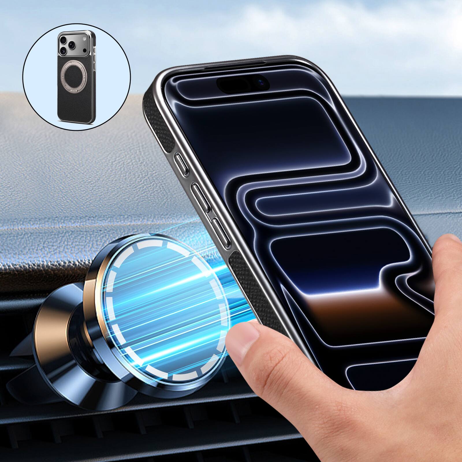 Left. Dteck - for Apple iPhone 17 Pro Magnetic Case,Slim PU Leather Texture Cover with Metal Ring Holder,Shockproof Non-Slip Cover - Black.