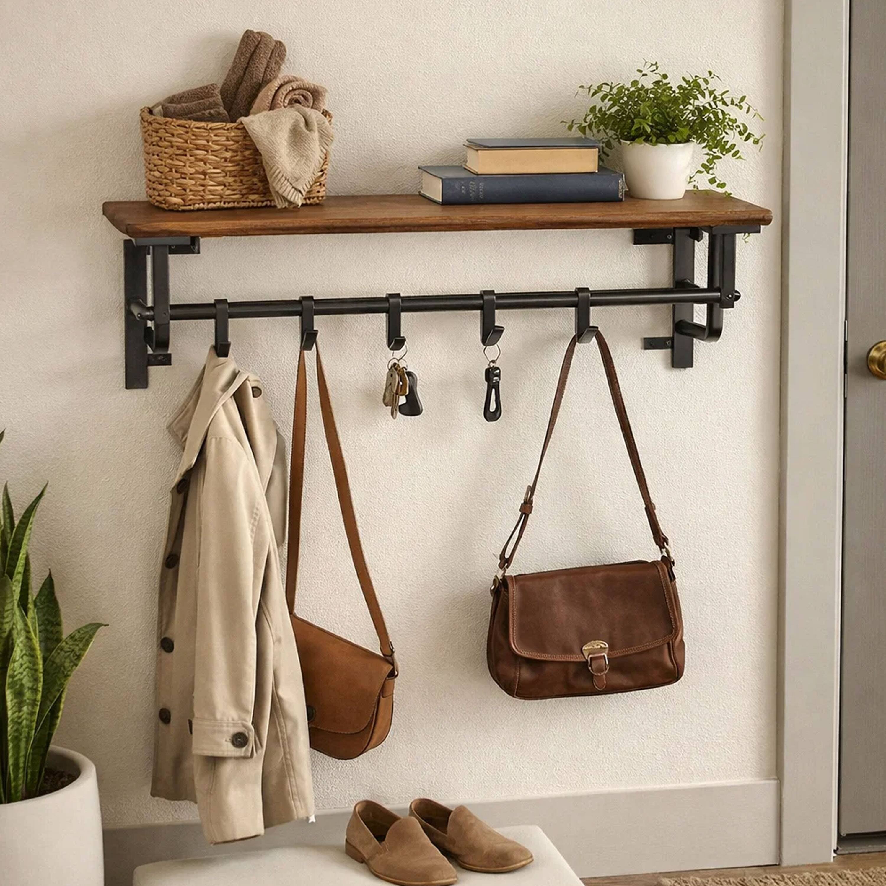 Alt View 7. Manhattan Lane - 26 Inch Industrial Metal Frame Wall Mount Coat Rack, 5 Hooks, 1 Shelf - Brown and Black.