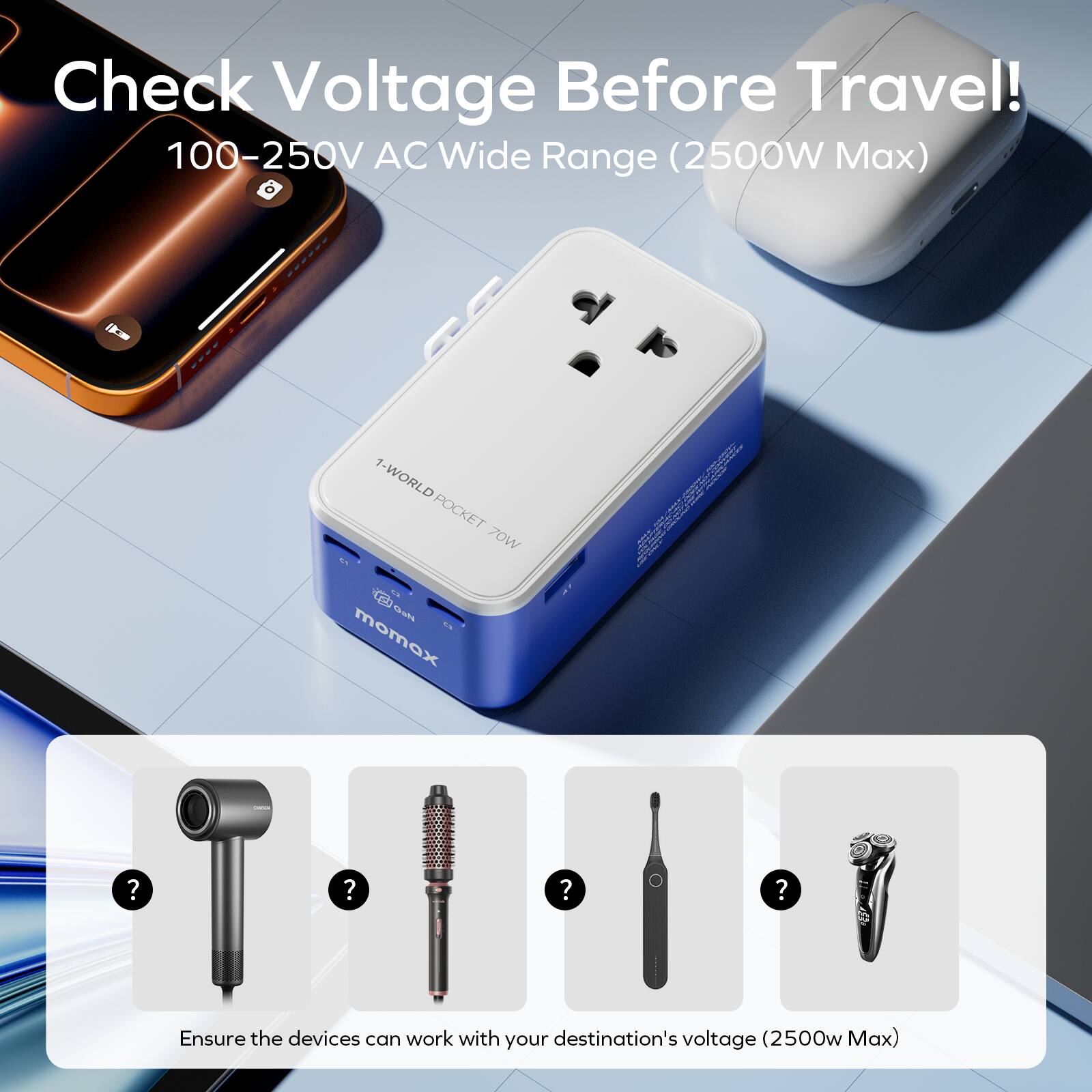 Check Voltage Before Travel!  
100-250V AC Wide Range (2500W Max)  

Ensure the devices can work with your destination's voltage (2500W Max)