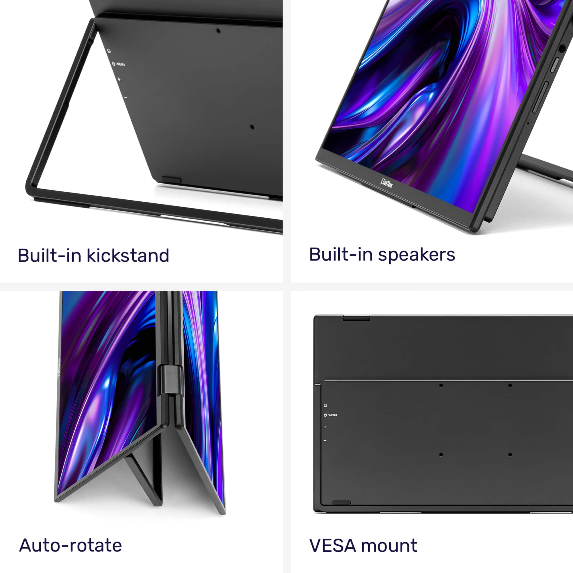 The text on the image reads: "Built-in kickstand Built-in speakers Auto-rotate VESA mount."