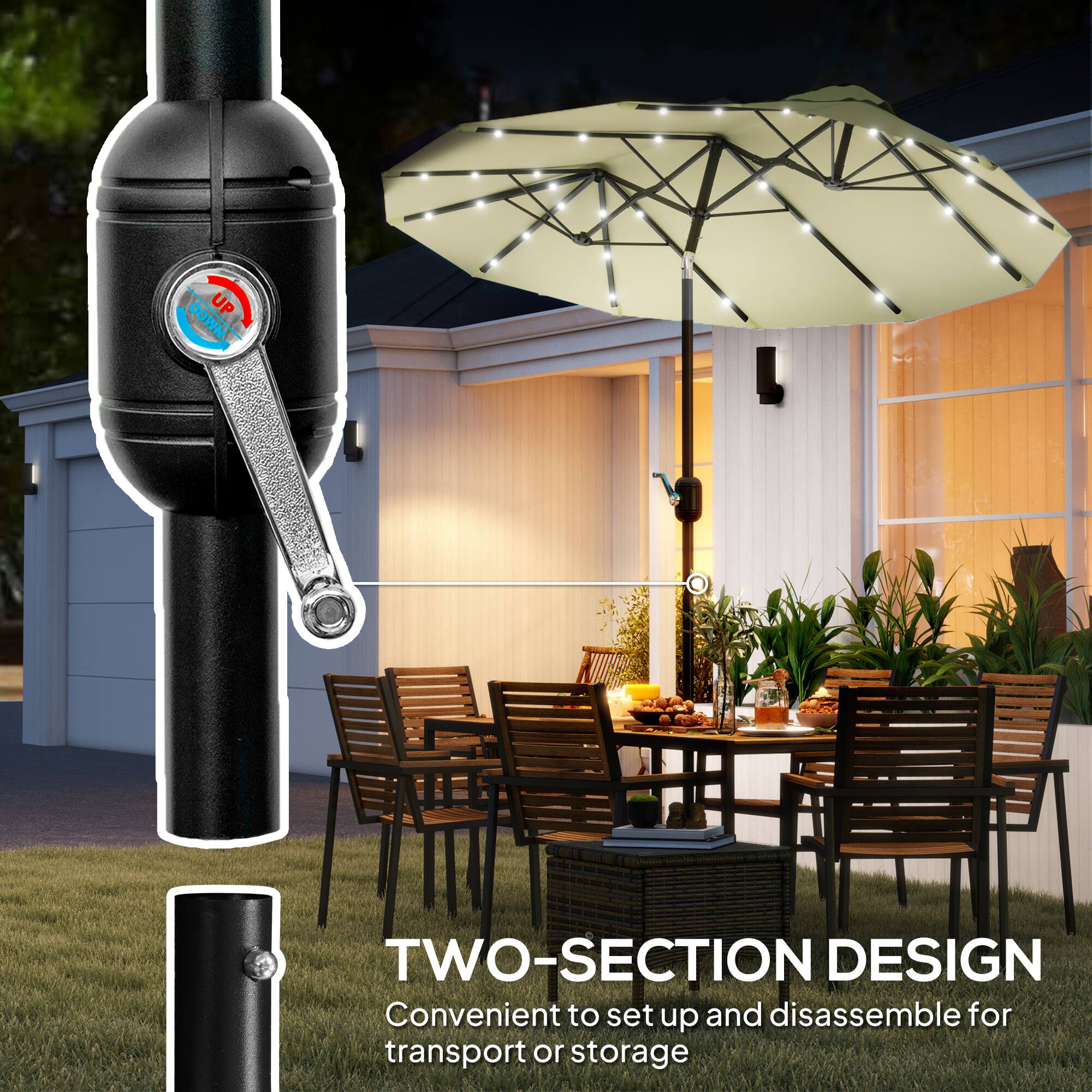 UP DOWN. TWO-SECTION DESIGN  
Convenient to set up and disassemble for transport or storage
