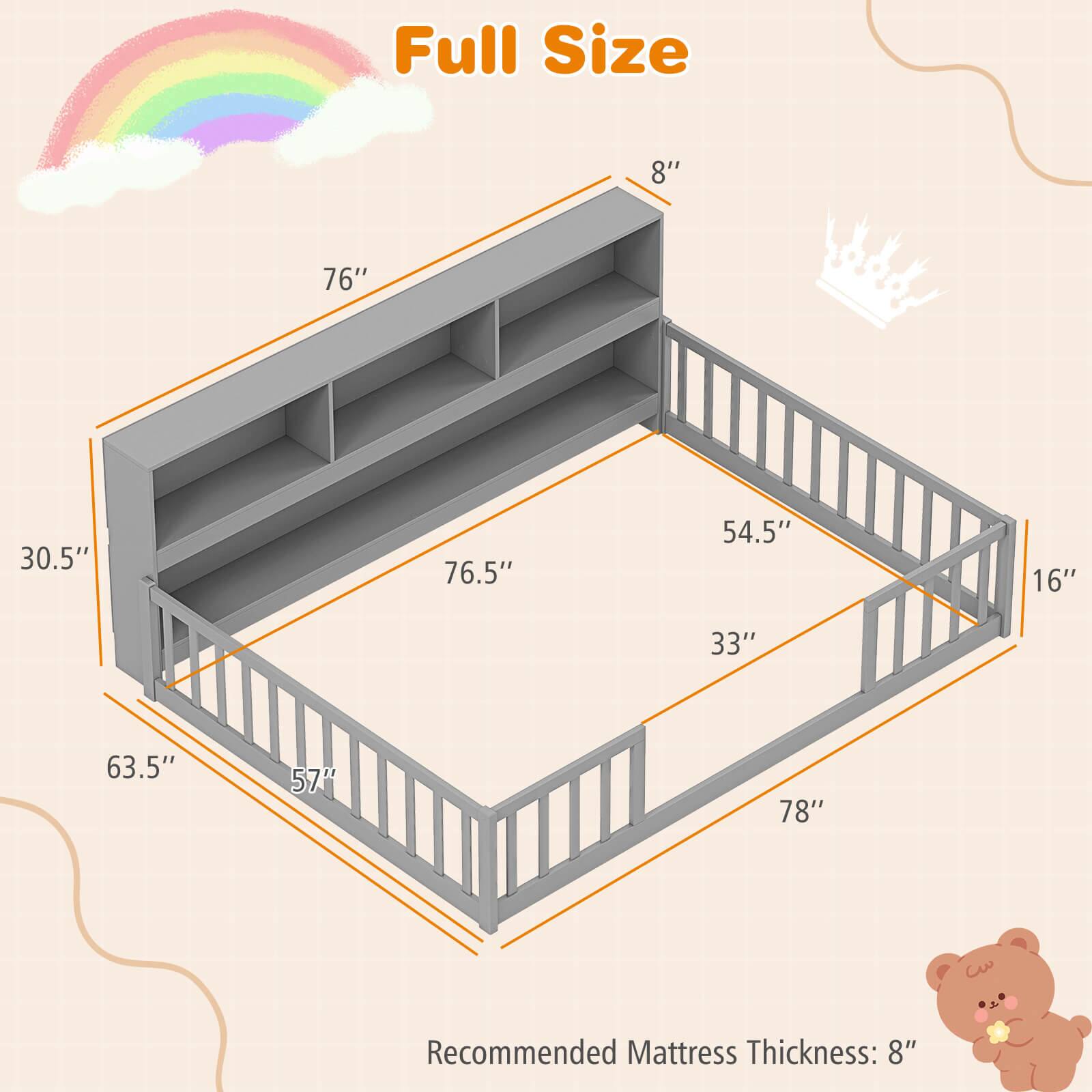 Full Size 8" 76" 30.5" 76.5" 54.5" 16" 33" 63.5" 57" 78" Recommended Mattress Thickness: 8"
