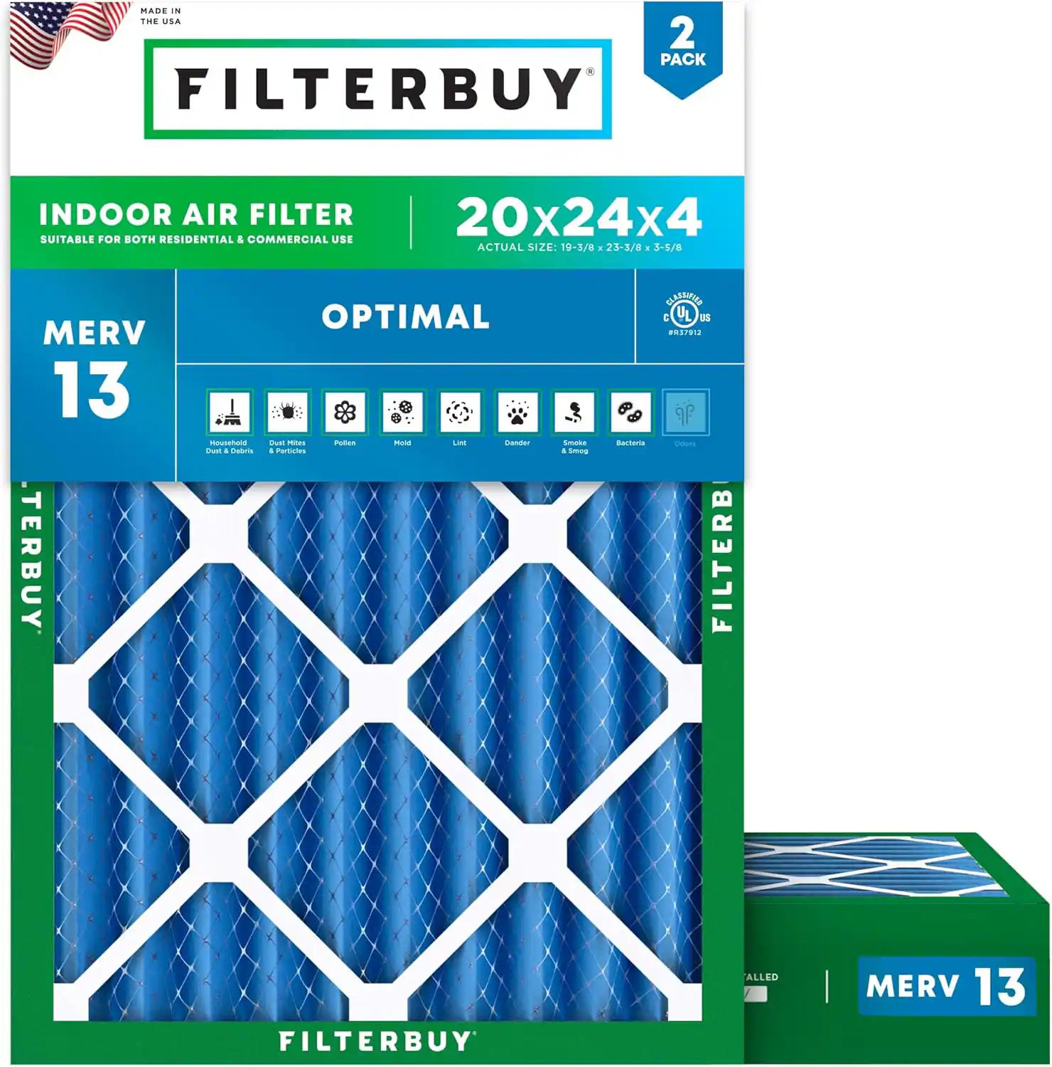 Filterbuy - 20x24x4 MERV 13 Smoke & Allergy Defense, Electrostatic Pleated HVAC AC Furnace Air Filters Replacement (2-Pack) - Blue