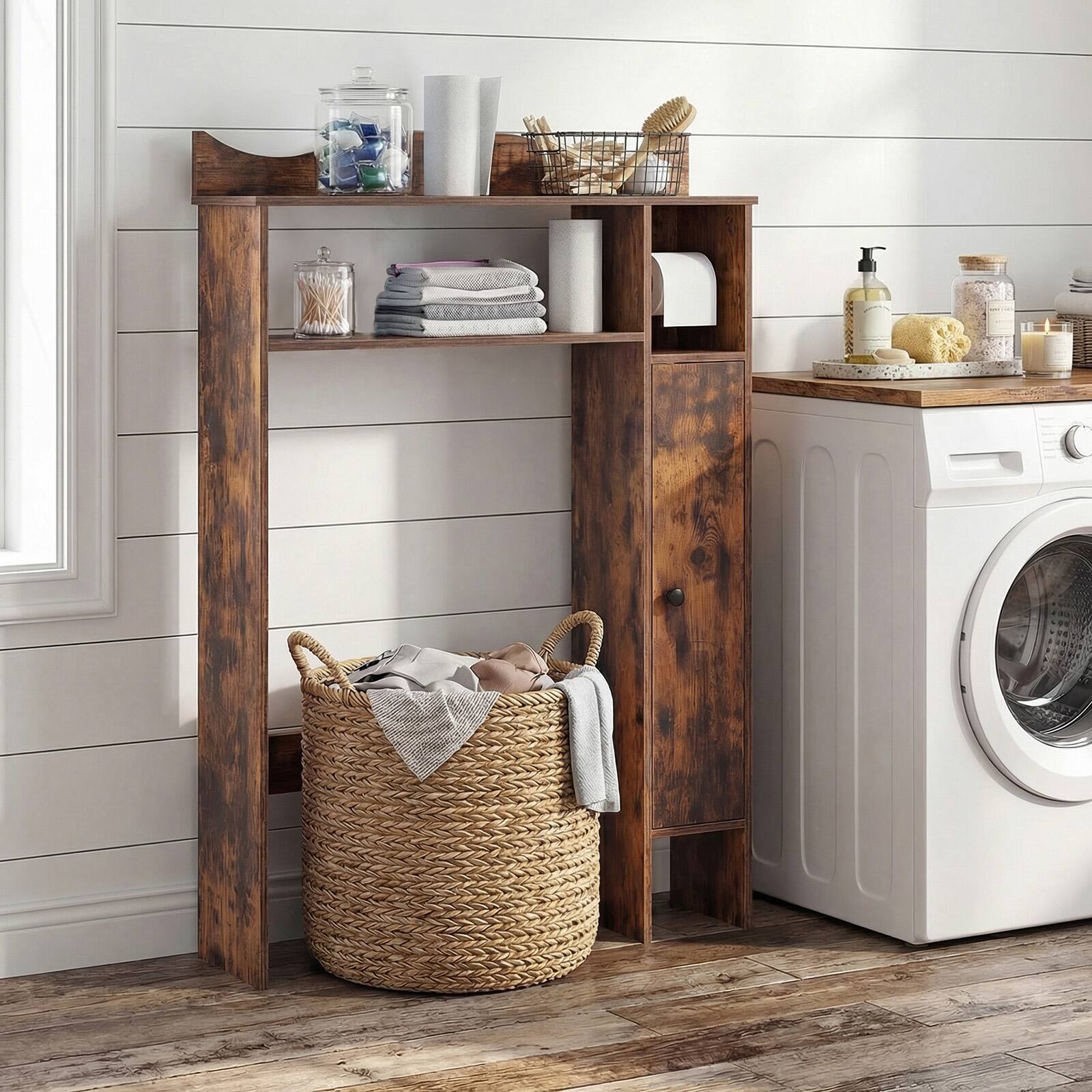 Alt View 4. Costway - Costway Over The Toilet Storage Cabinet with Toilet Paper Holder and Removable Shelves - Rustic Brown.