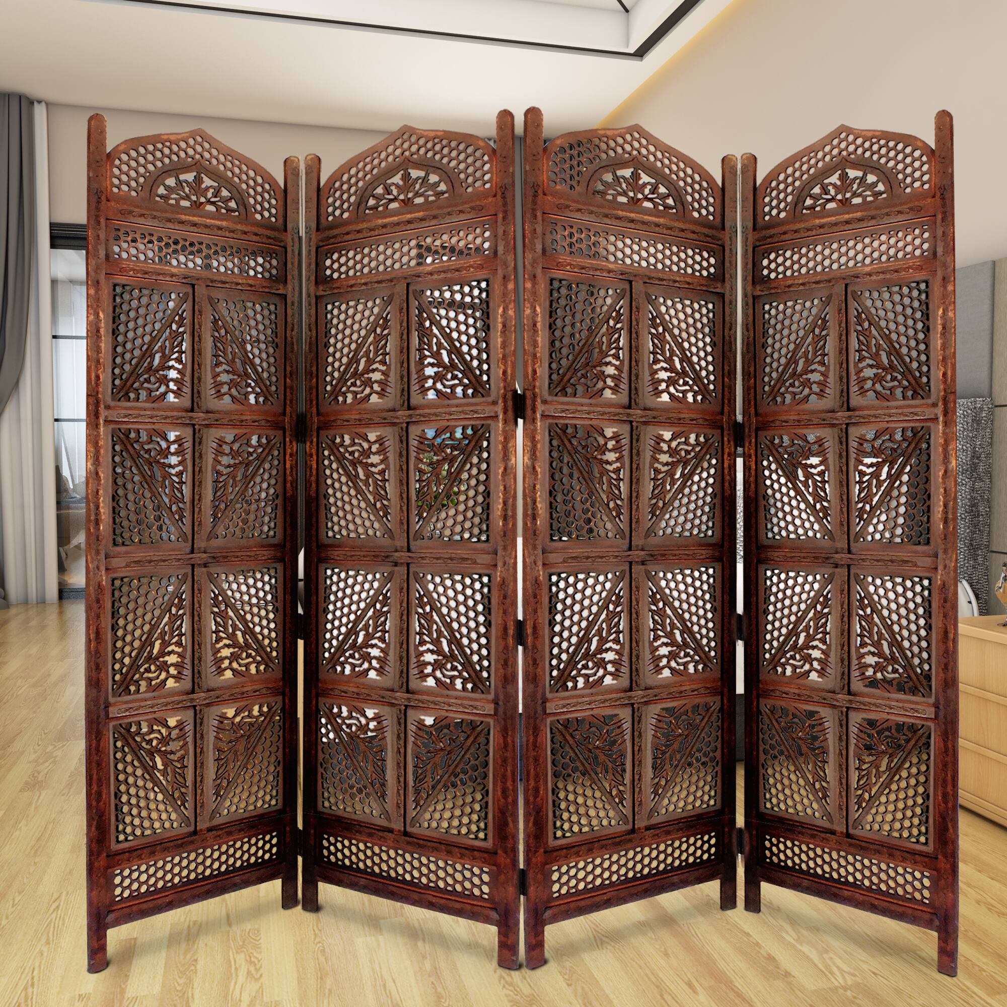 Alt View 6. Manhattan Lane - Traditional Four Panel Wooden Room Divider with Hand Carved Details - Brown.