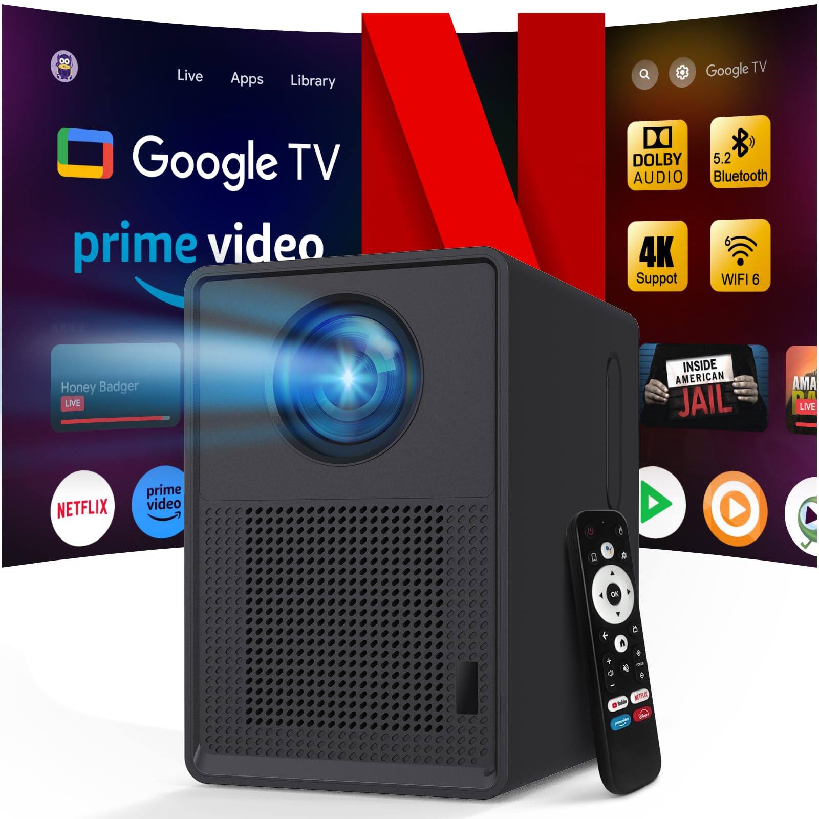 The Best Inks - Mini Projector With Android 13 - 2025 Portable Movie Wifi 6 5.2: Built-in Apps 4k/1080p Support Auto Keystone 180° - D-Google TV System