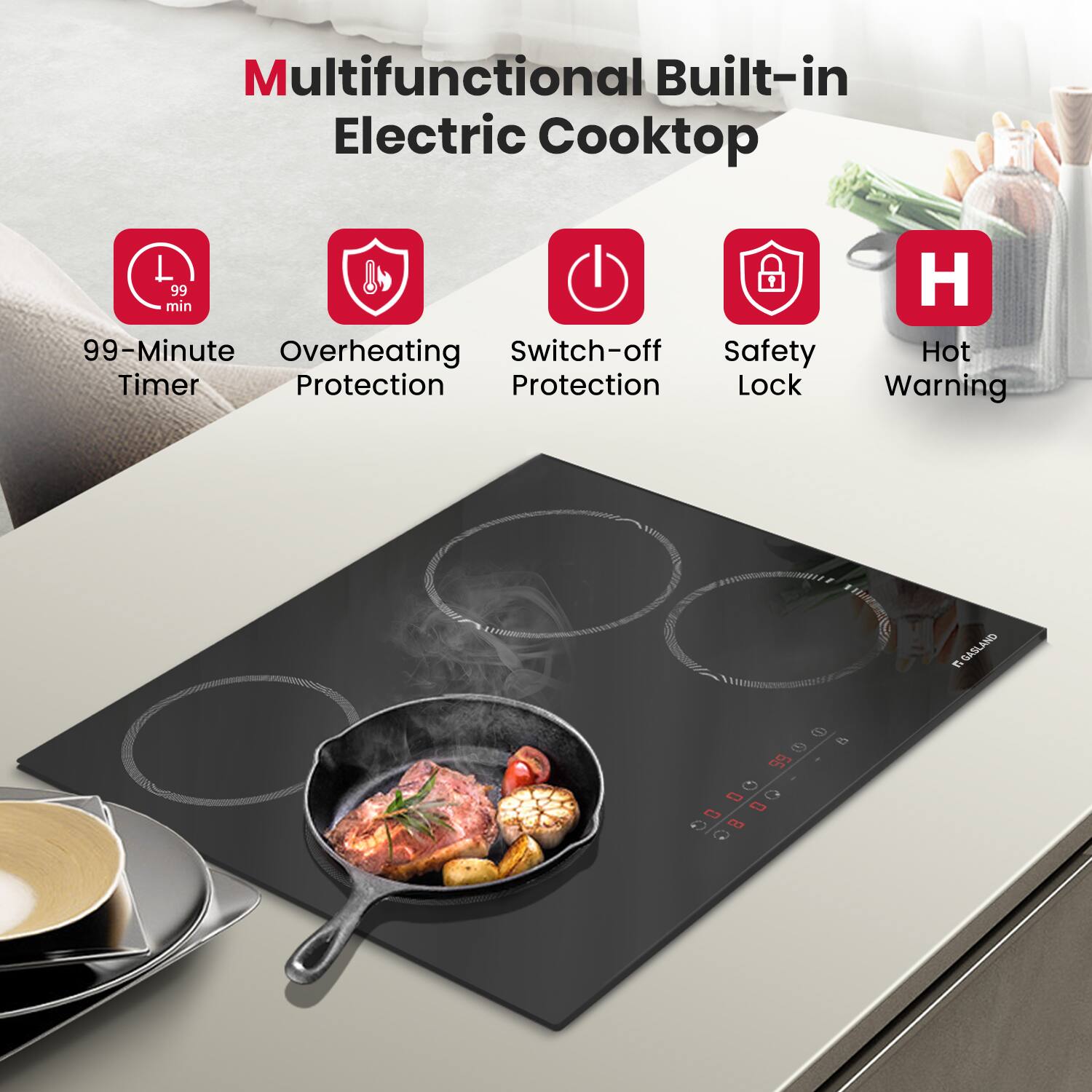 Multifunctional Built-in Electric Cooktop 99-Minute Timer Overheating Protection Switch-off Protection Safety Lock Hot Warning 1 GASLAND