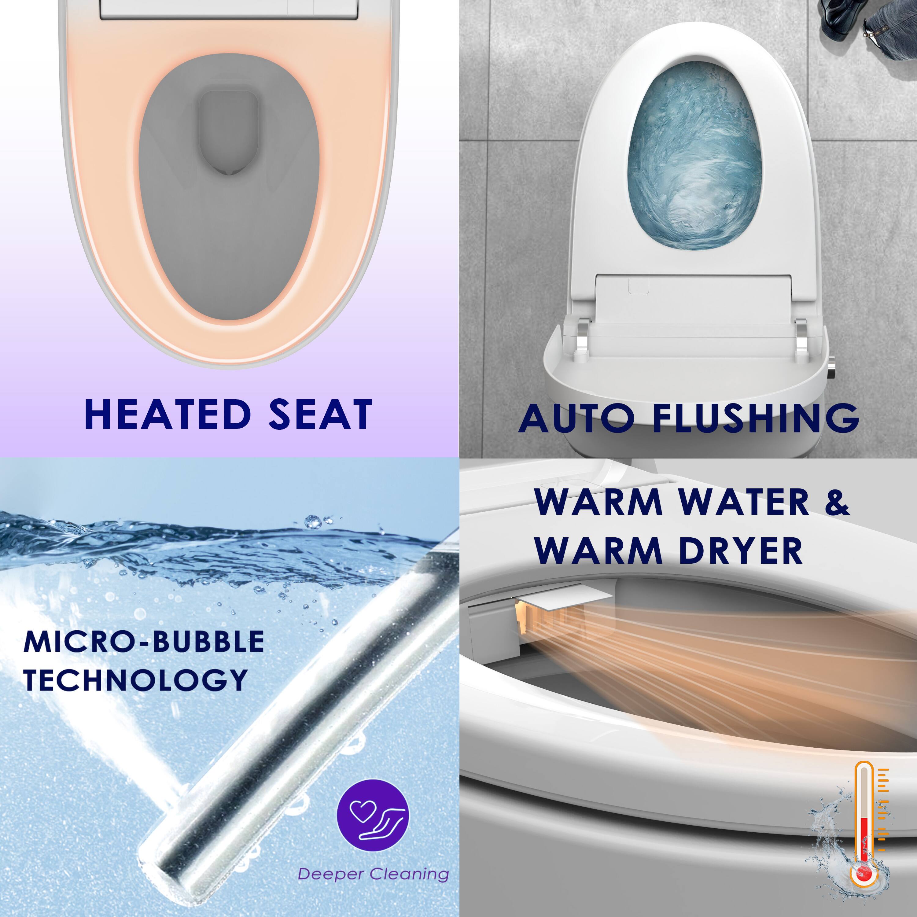 HEATED SEAT, AUTO FLUSHING, WARM WATER & WARM DRYER, MICRO-BUBBLE TECHNOLOGY, Deeper Cleaning
