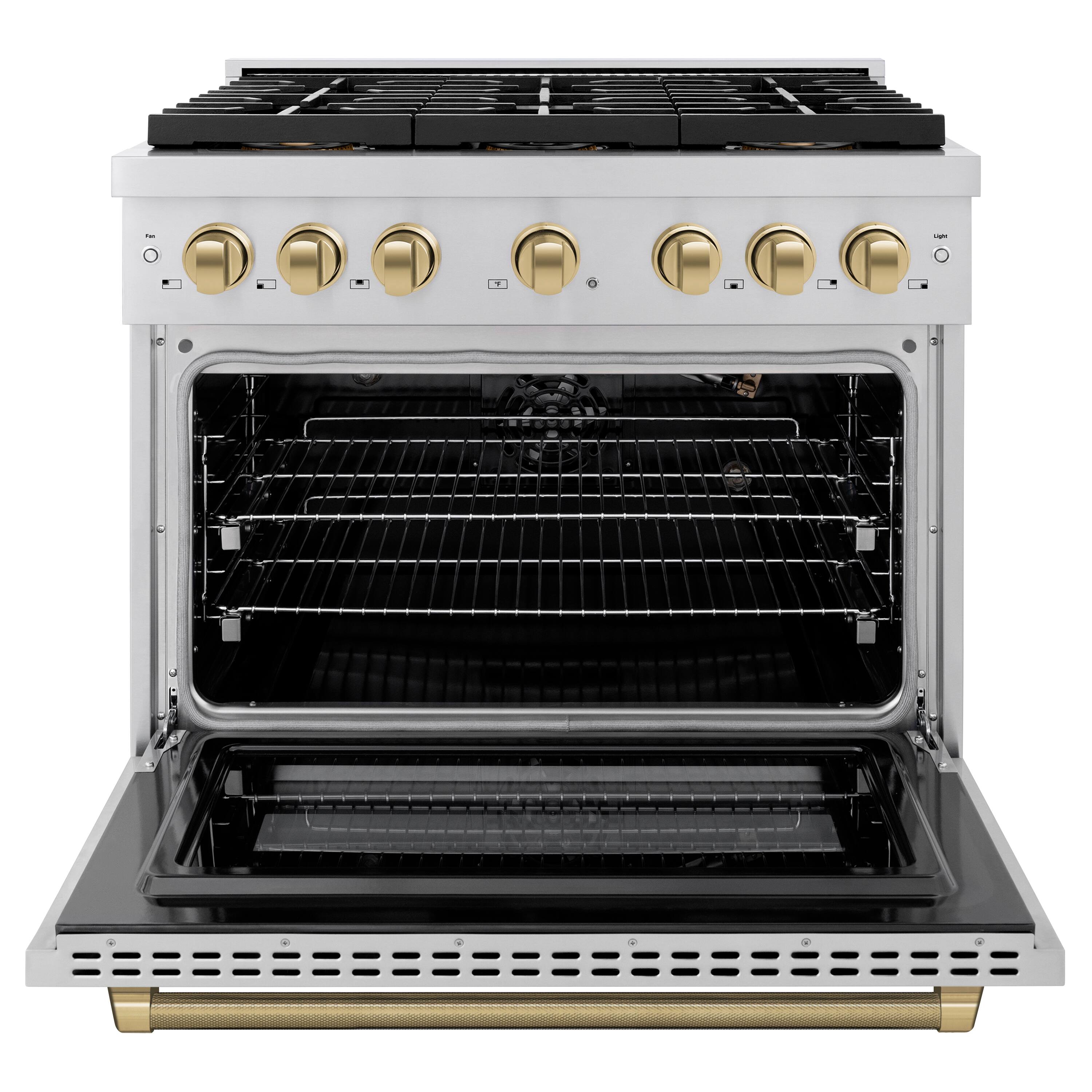 Angle. ZLINE - ZLINE Autograph 36 in. 5.2 Cu. Ft. Freestanding Paramount DuoPro Gas Range in Stainless Steel with Bronze Helix Handle - Stainless Steel.