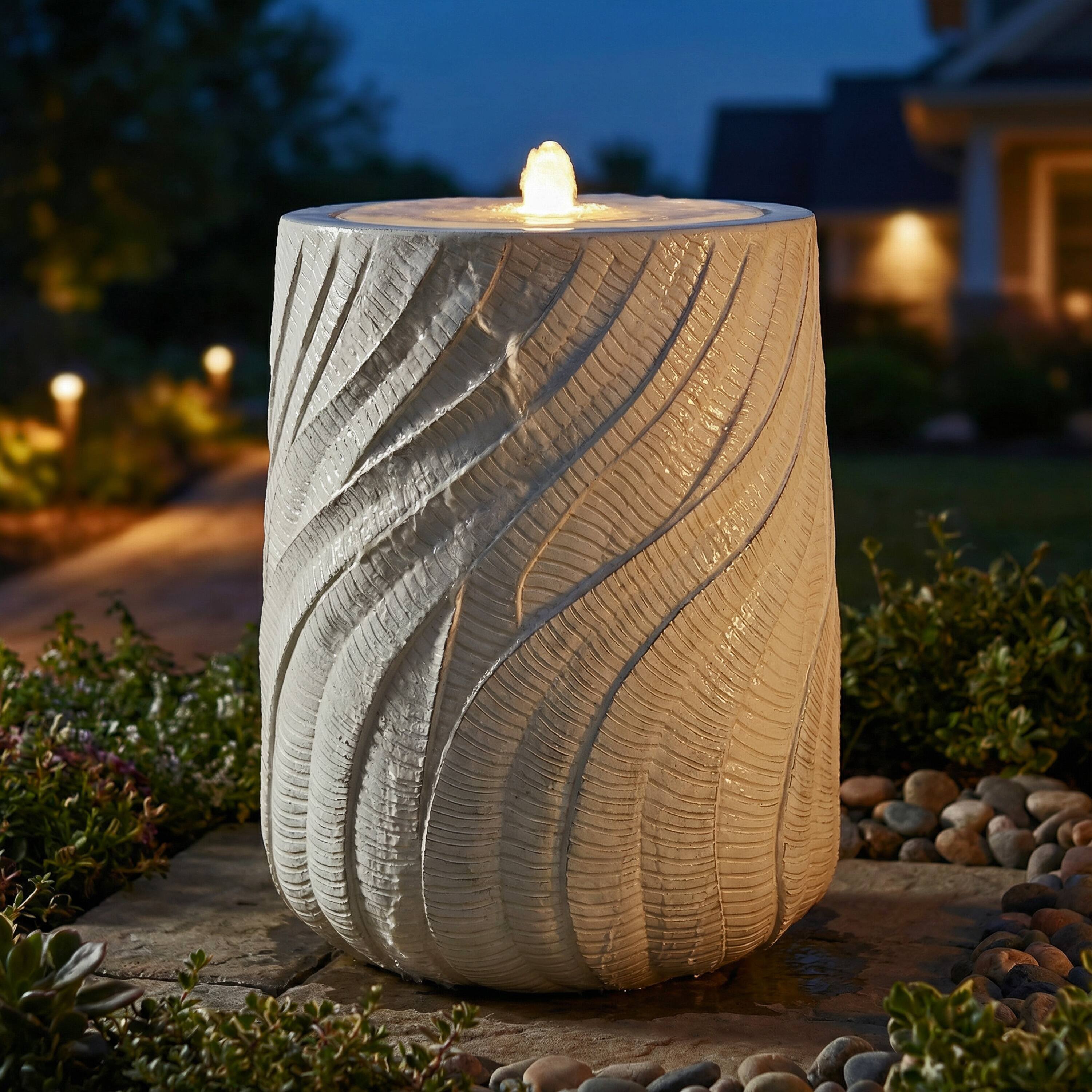 Alt View 10. Sunnydaze - Textured Spiral Outdoor Bubble Fountain with LED Light - White.