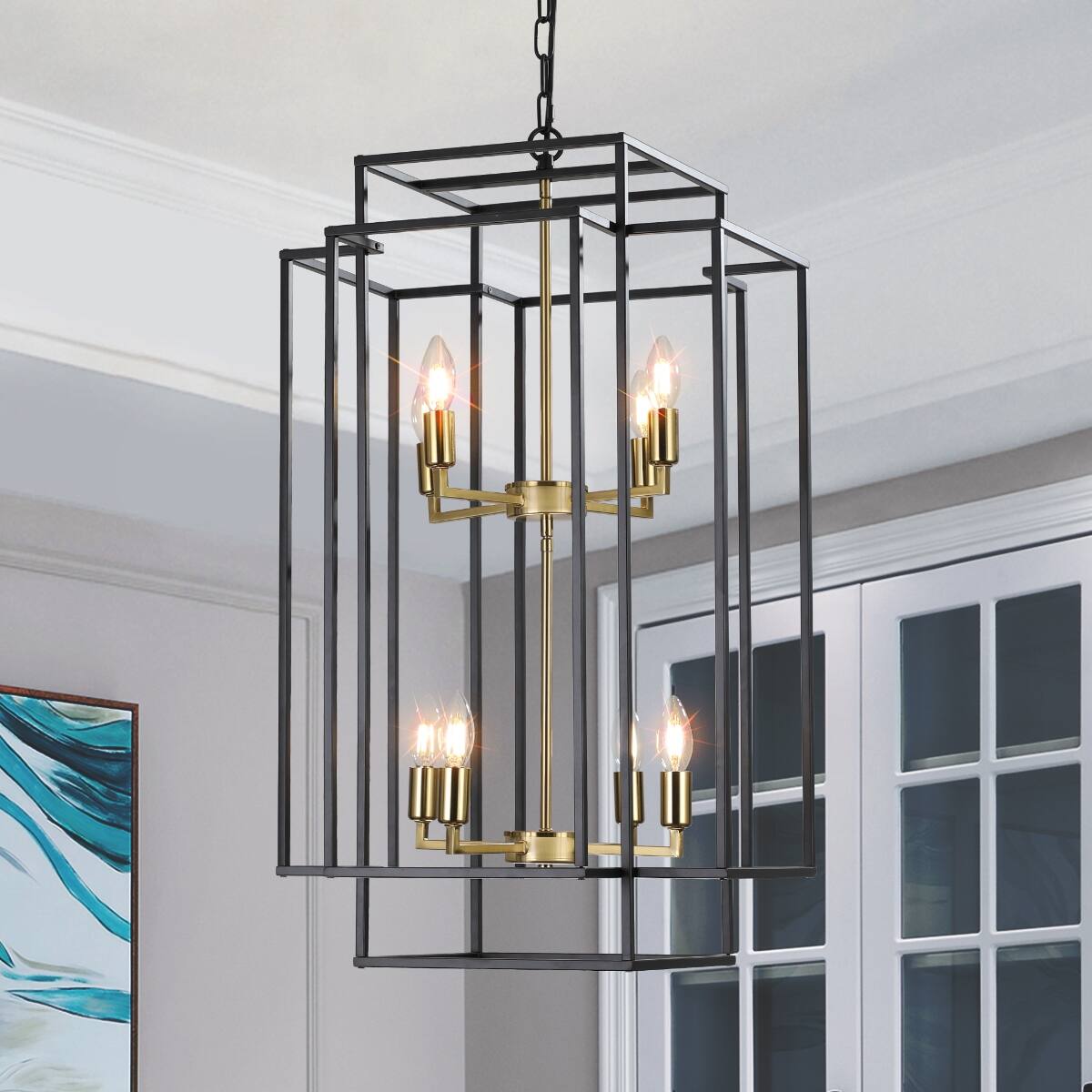 Alt View 3. Loheer - Loheer 18 Inch Modern Eight Light Chandelier Black Gold Geometric Pendant for Dining Room Kitchen.