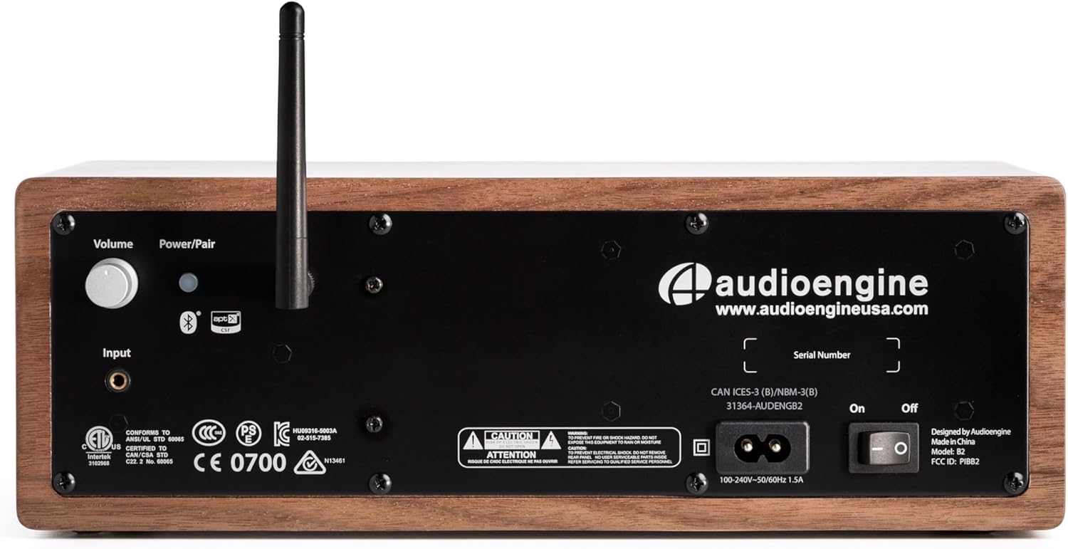 audioengine  
www.audioengineusa.com  

Volume Power/Pair  
Input  

Serial Number: CAN ICES-3 (B)/NBM-3(B) 31364-AUDENGB2  

On Off  

CONFORMS TO:  
PS HU09316-5003A  
EIL ANS/UL STD 60065  
02-515-7385  
C US CERTIFIED TO:  
intertak CAN/CSA STO 3102968 C22  
No. 60065  
CE 0700 N13461  

CAUTION ATTENTION  

ENOVE  

100-240V-50/60Hz 1.5A  

Designed by Audioengine  
Made in China  

Model: B2  
FCC ID: PIBB2