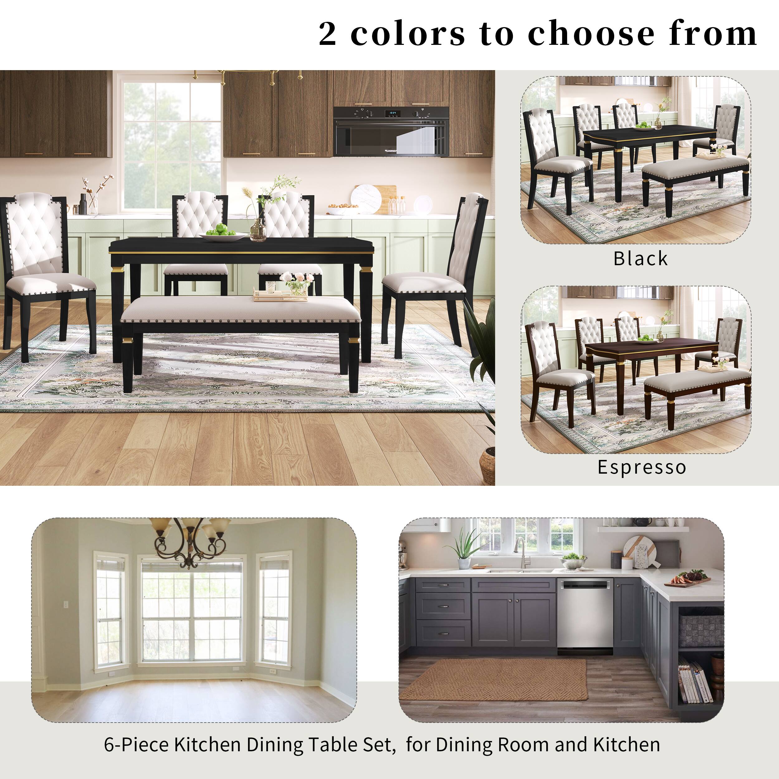 2 colors to choose from

Black  
Espresso

6-Piece Kitchen Dining Table Set, for Dining Room and Kitchen