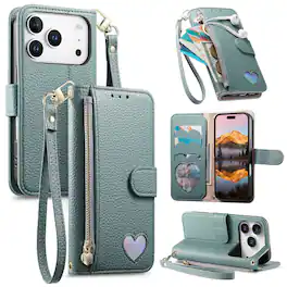 Dteck - PU Leather Wallet Case for Apple iPhone 17 Pro Max with Wrist Strap Zipper Pocket, Protective Folio Kickstand Cover - Blue