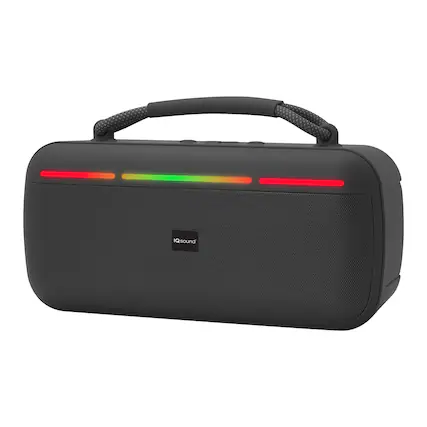 Front. iQ Sound - 15W Halo Glow Portable Bluetooth Speaker, Rechargeable, TWS, Lights, USB/microSD, FM, 20 Hr Play Time - Black.