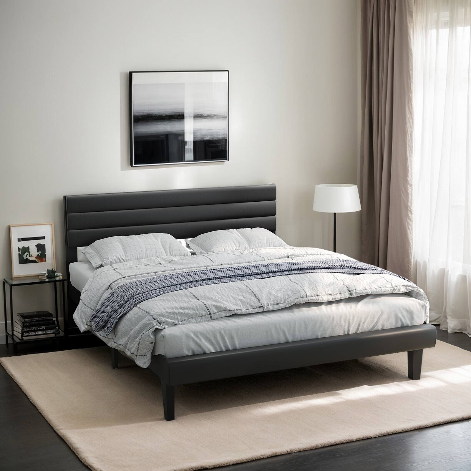 Alt View 5. Winado - Queen Size Faux Leather Platform Bed Frame with Adjustable Headboard Heavy Duty Wood Slats Support No Box Spring Needed - PU Black.