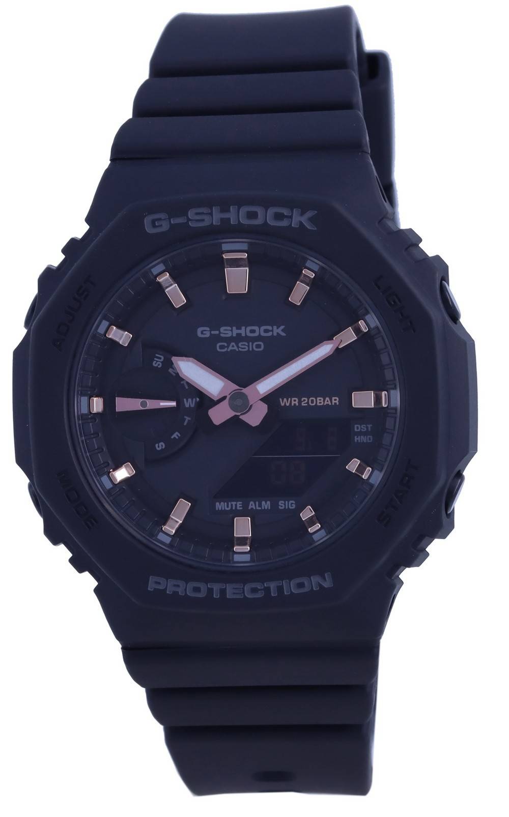 G-SHOCK  
ADJUST  
G-SHOCK  
LIGHT  
CASIO  
WR 20BAR  
DST  
HNO  
MODE  
MUTE  
ALM  
SIG  
START  
PROTECTION